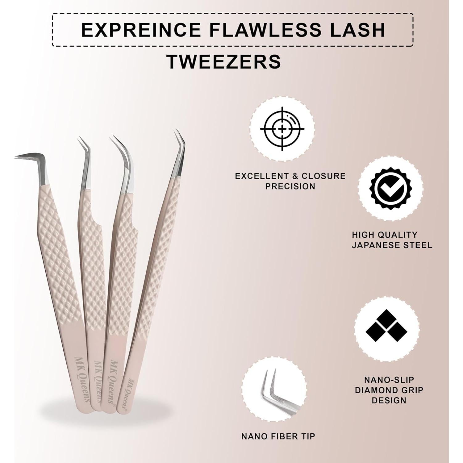 Juego de 4 Pinzas para Pestañas MK Queens - Acero Inoxidable Beige