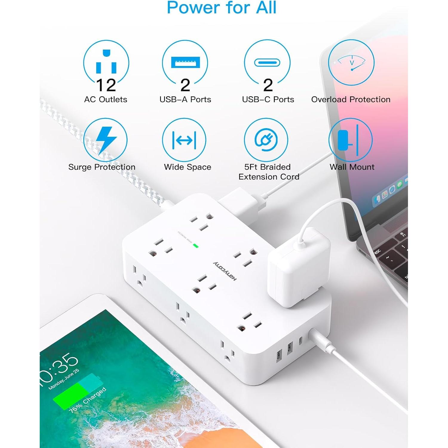 Regleta de Protección HANYCONY 12 Salidas 4 USB 1.5m Blanca