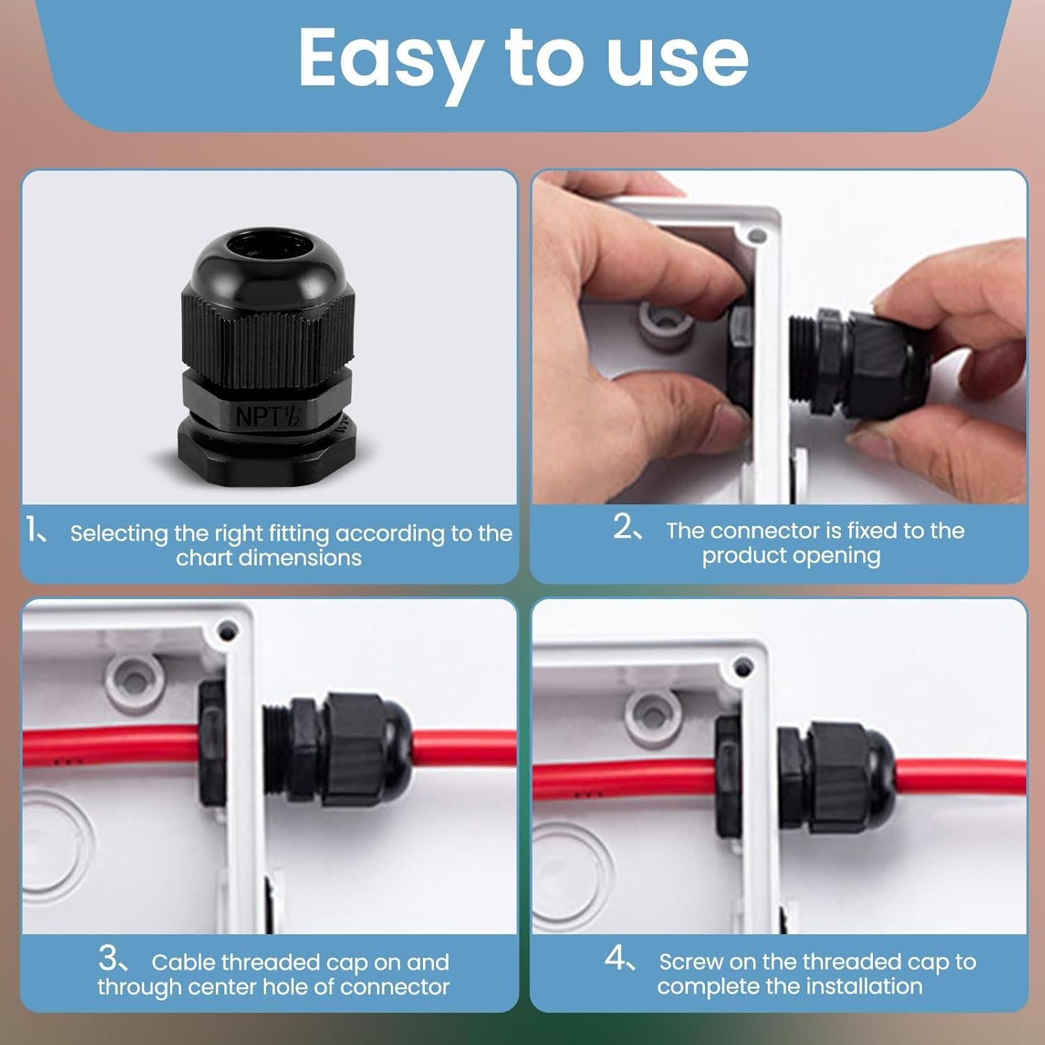 20 Conectores de Cable Impermeables NPT 1/2" Nylon Ajustables