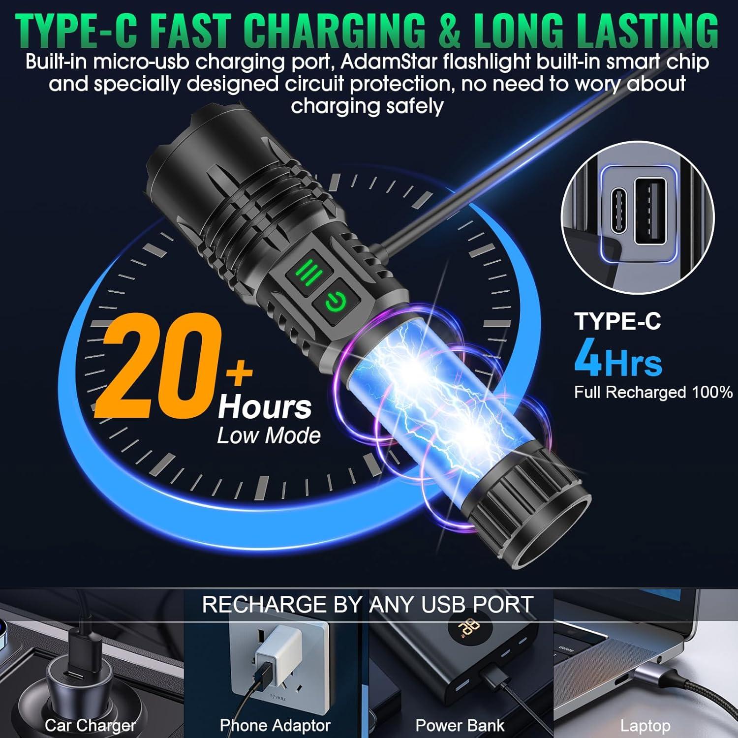 Linterna Recargable AdamStar K2318 LED UV 1000 Lúmenes 20h