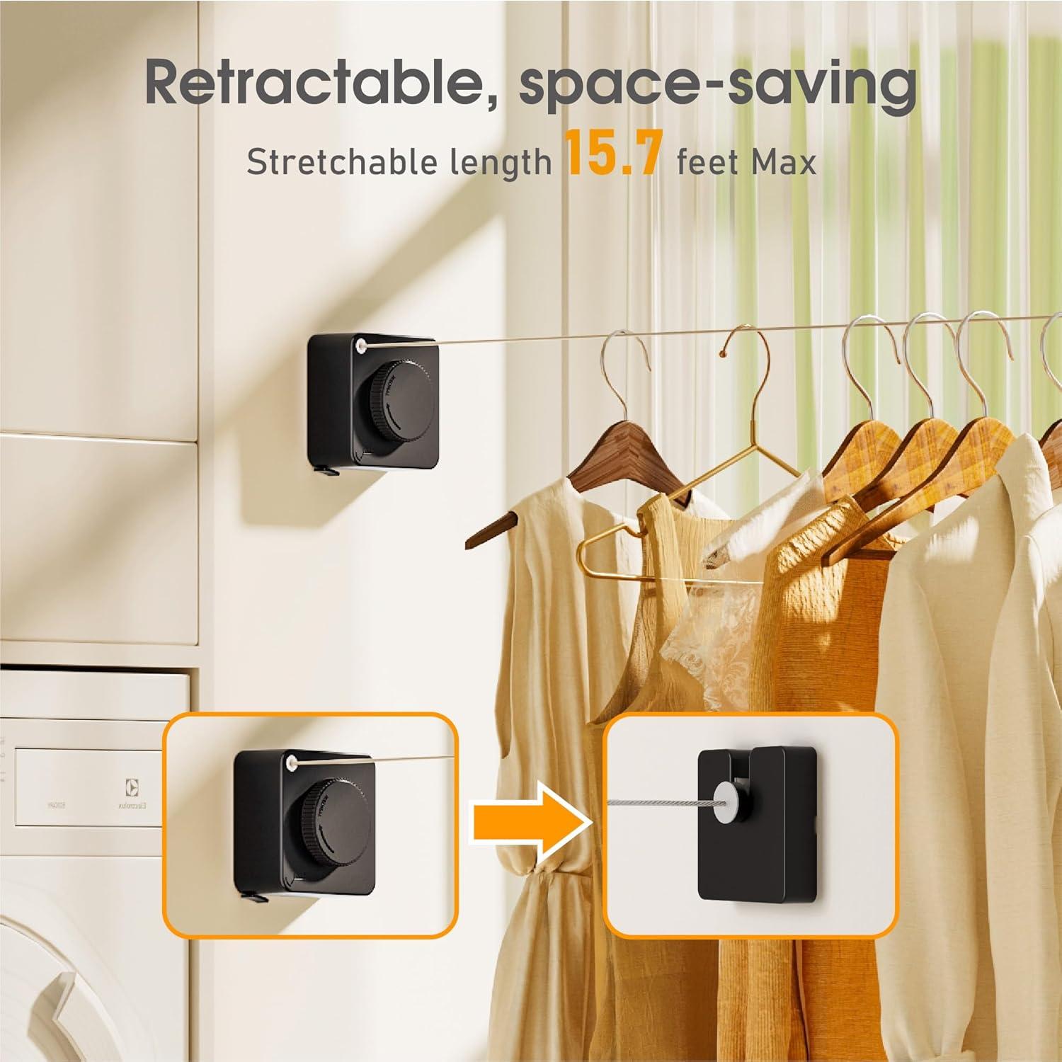 Cuerda de Ropa Retráctil Mzzelry 4.8m Antisagging Negra