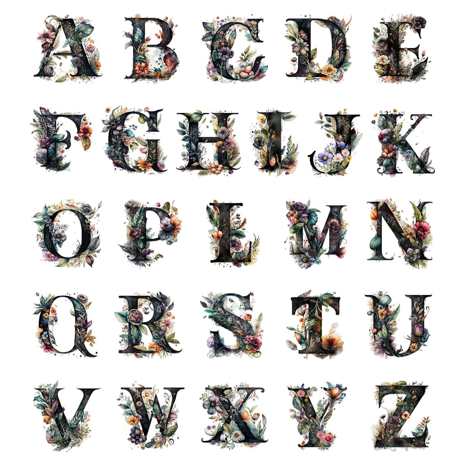 9 Transferencias de Planchar EoBeCy Alfabeto Floral Negro 27x30cm