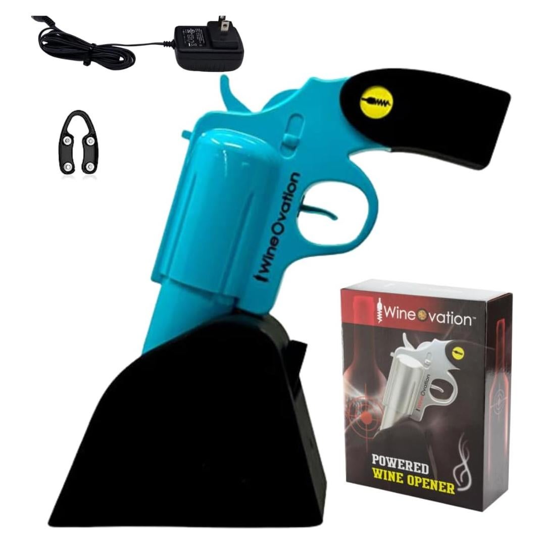 WineOvation Electric Gun Wine Opener (Blue) - Open your Wine Bottle fast and without hassle - Best Electronic Automatic Corkscrew for Gun Enthusiasts and Wine Lovers - Rechargeable Battery Operated