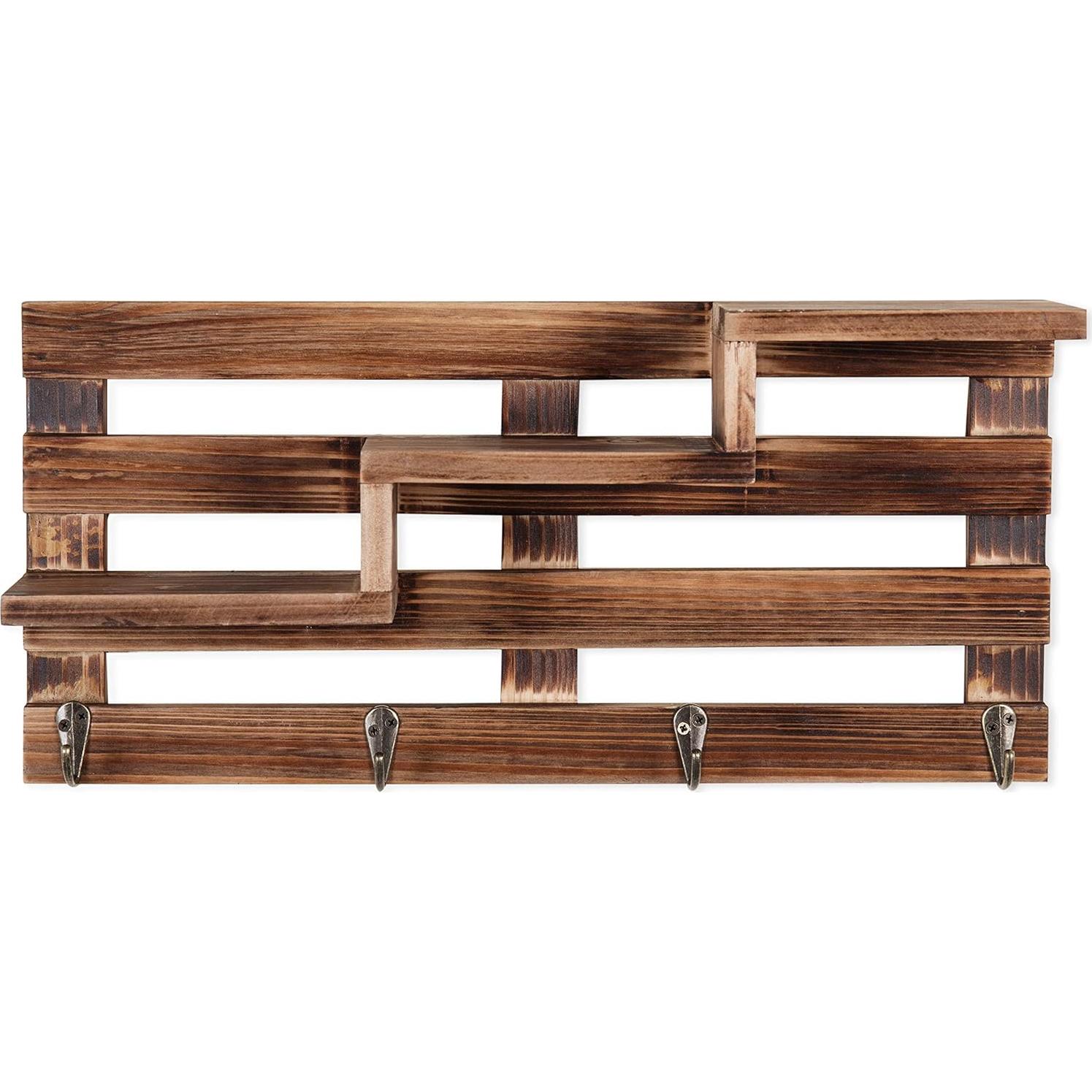 Estante de Entrada de Madera Quemada MyGift con 3 Estantes y 4 Ganchos