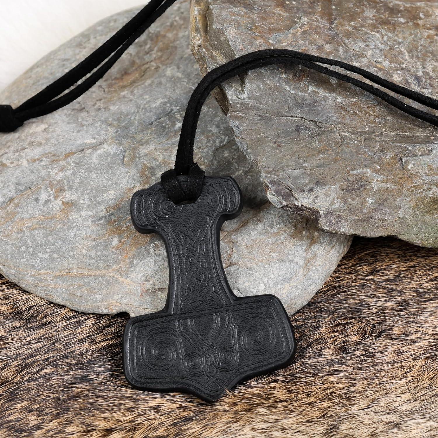 Collar Viking HiiFeuer Martillo de Thor Cuero Sintético Negro
