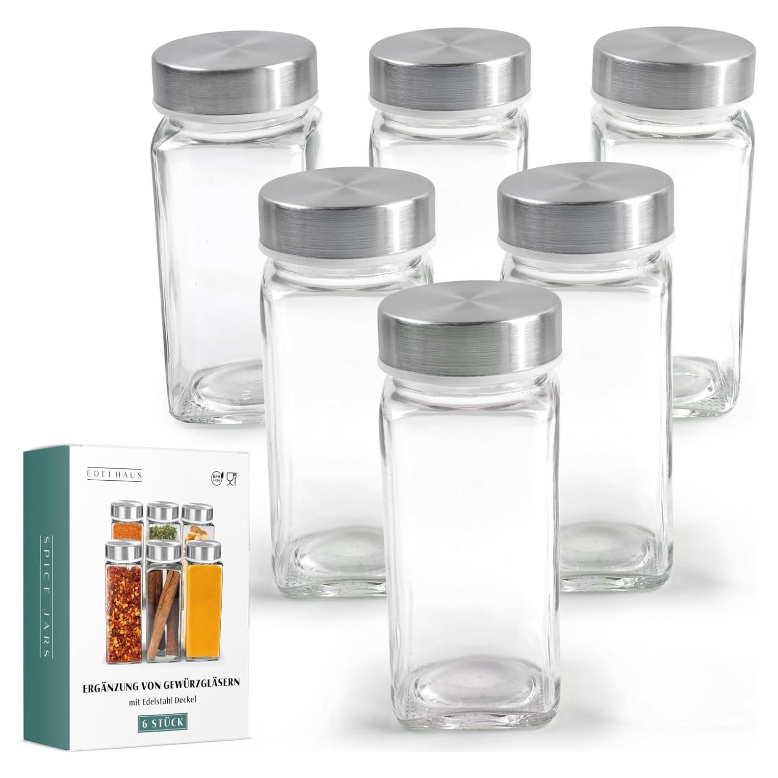 Tarros de Especias de Vidrio EDELHAUS con Tapas de Acero Inoxidable - 6 Unidades