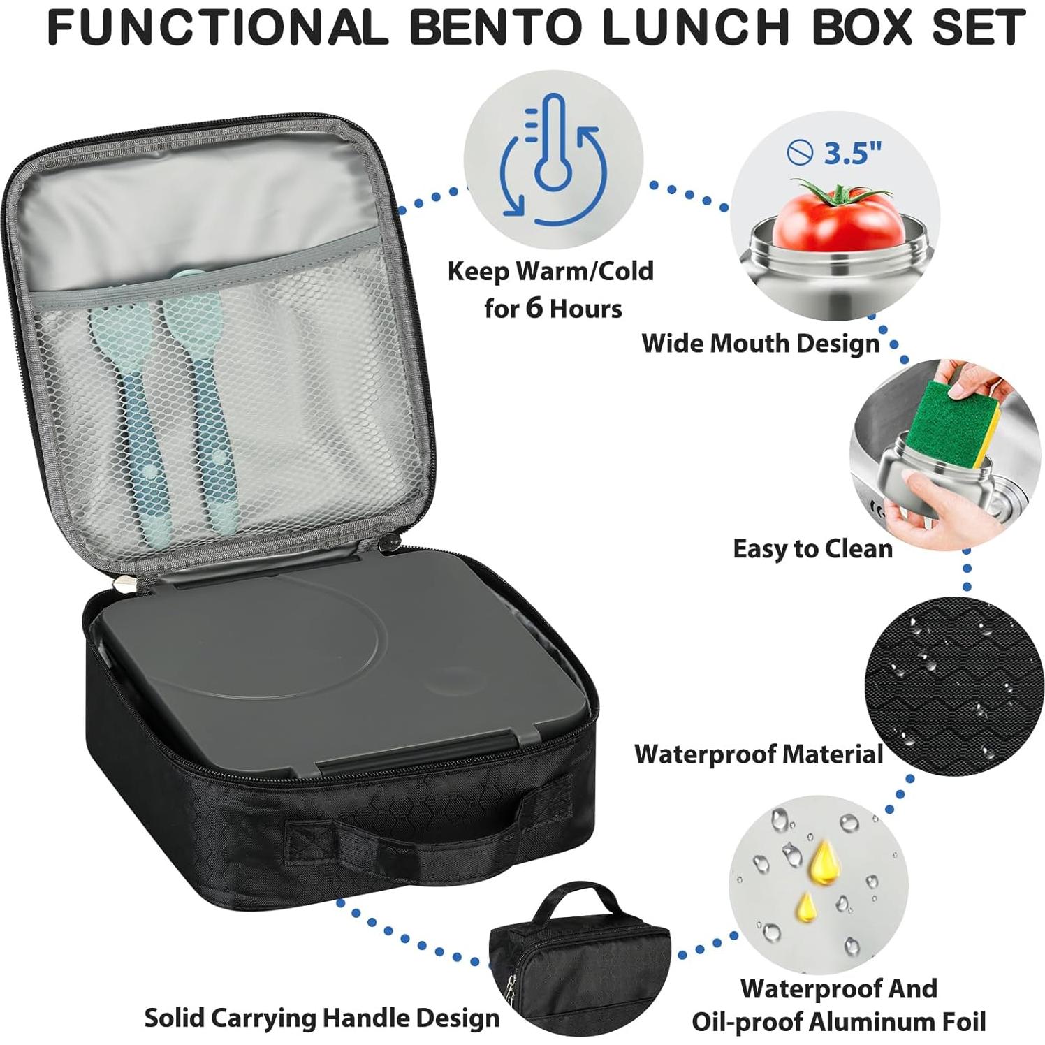 Juego de Almuerzo Bento Howeemo con Termo 1600ml y 4 Compartimentos