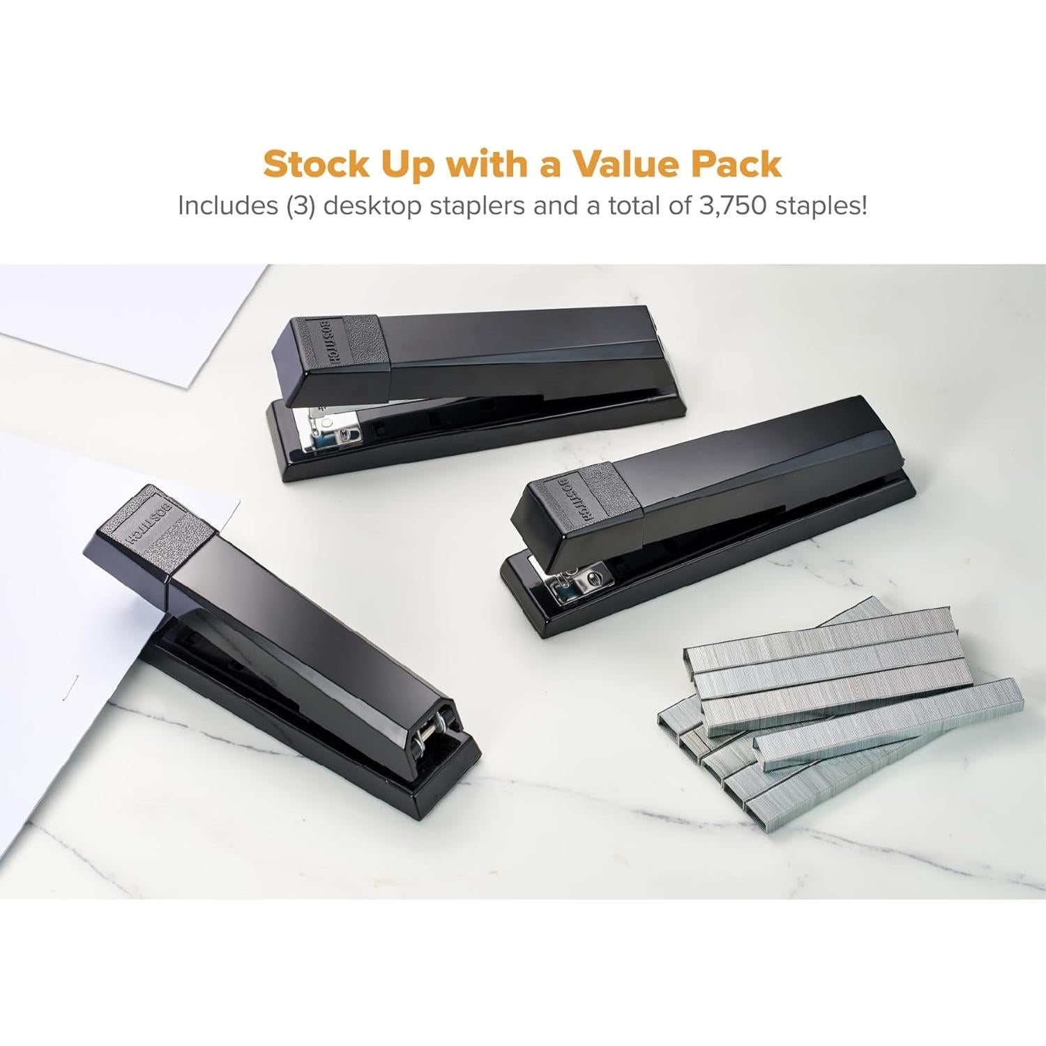Grapadora de escritorio Bostitch premium sin atascos, negra, 3 unidades