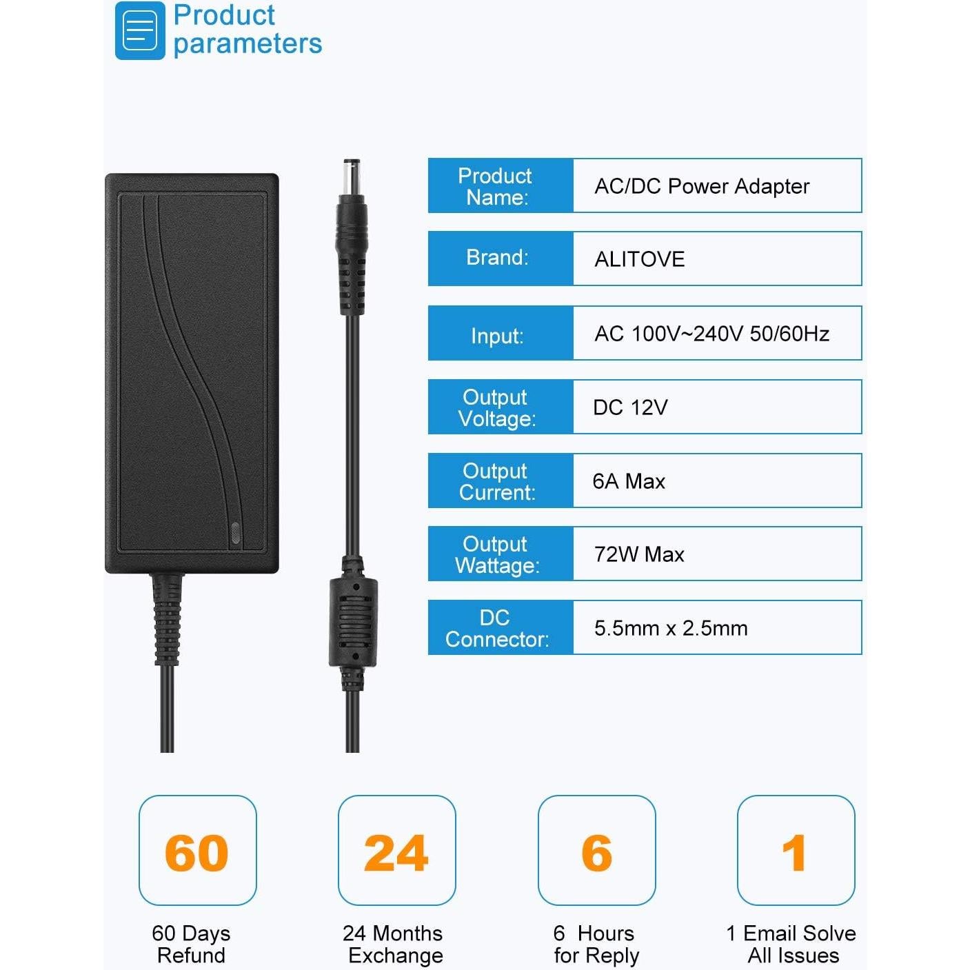 Adaptador de Alimentación 12V 6A ALITOVE Transformador 72W