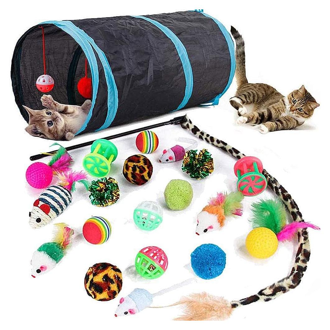 21 Piezas Juguetes para Gatos Interactivos - Túnel Plegable y Varita de Plumas
