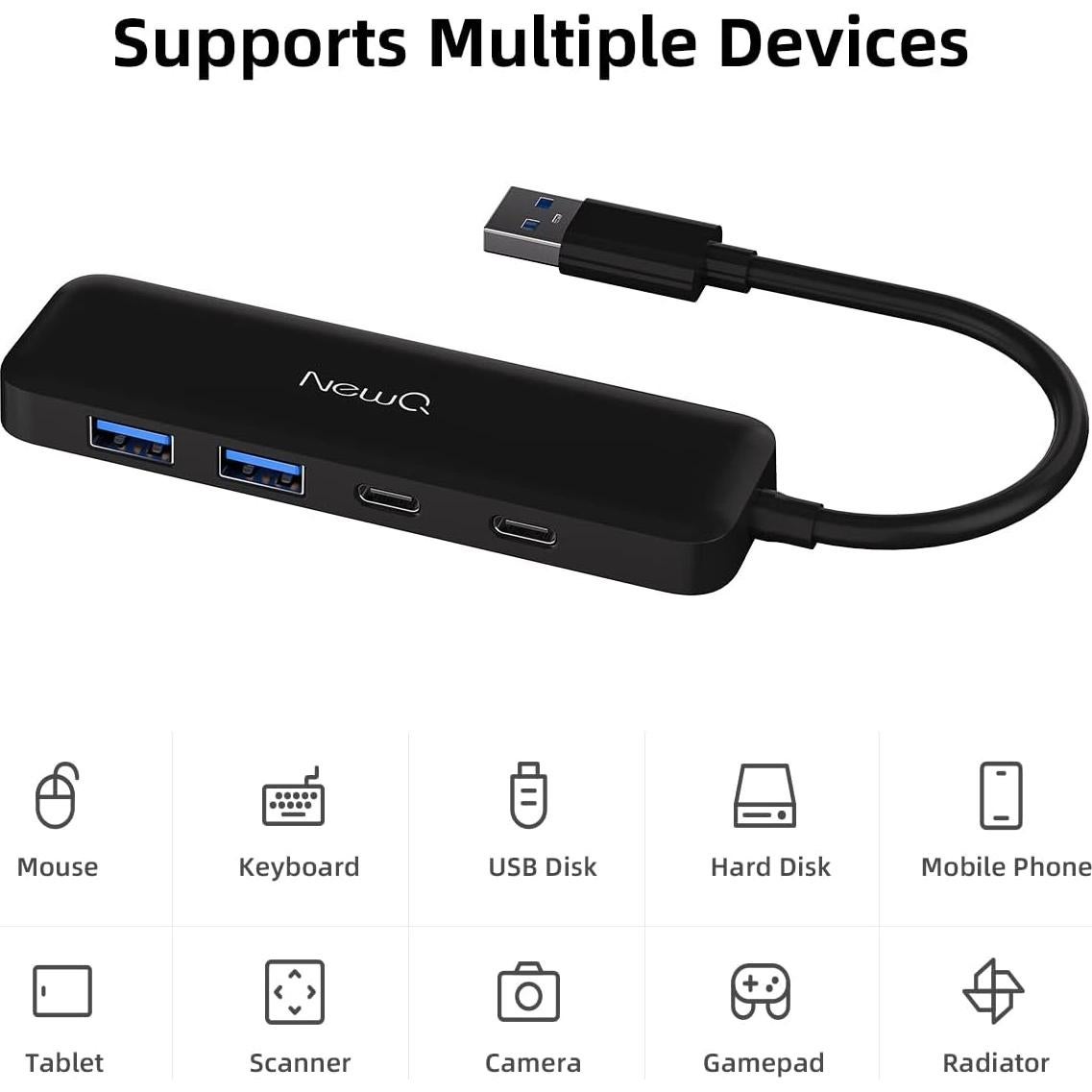 Hub USB 3.0 NewQ de 4 Puertos USB-C y USB-A Ultra Delgado