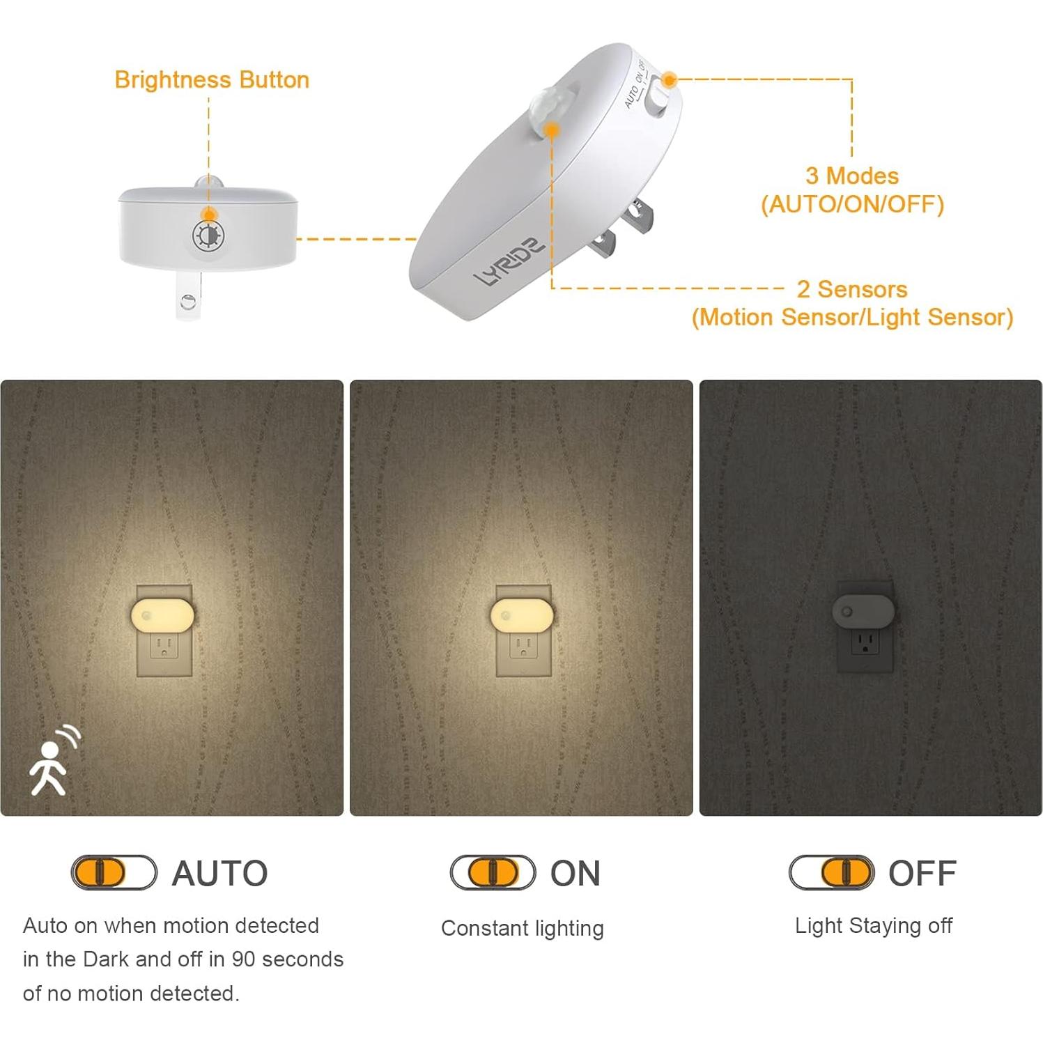 Luz Nocturna LED Lyridz con Sensor de Movimiento 1-120 LM - Paquete de 4