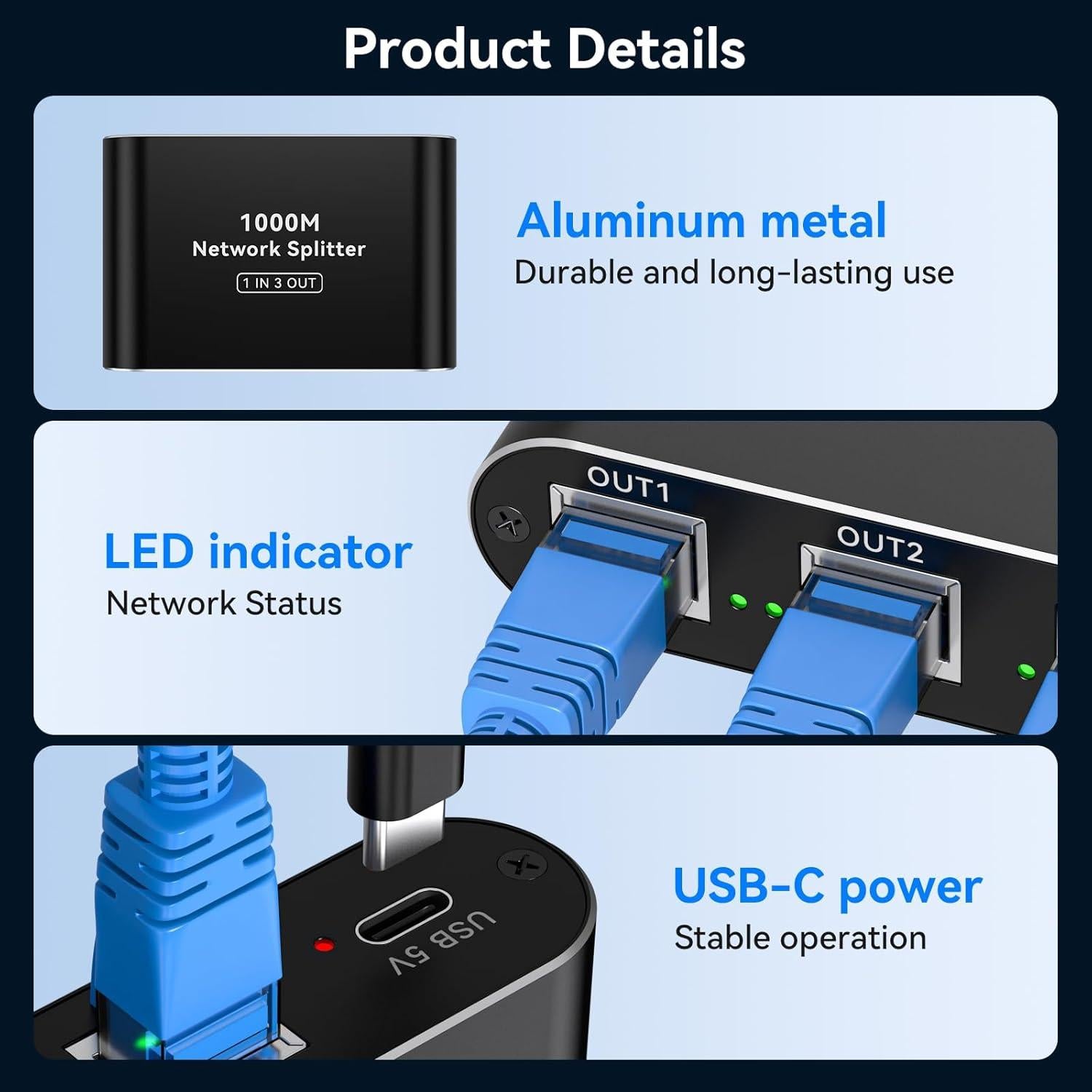 Divisor Ethernet 1 a 3 THXCDBID 1000Mbps RJ45 USB-C