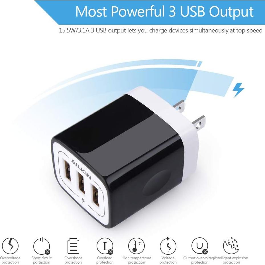 Cargador de Pared AILKIN 3USB 3.1A Rápido para iPhone y Samsung