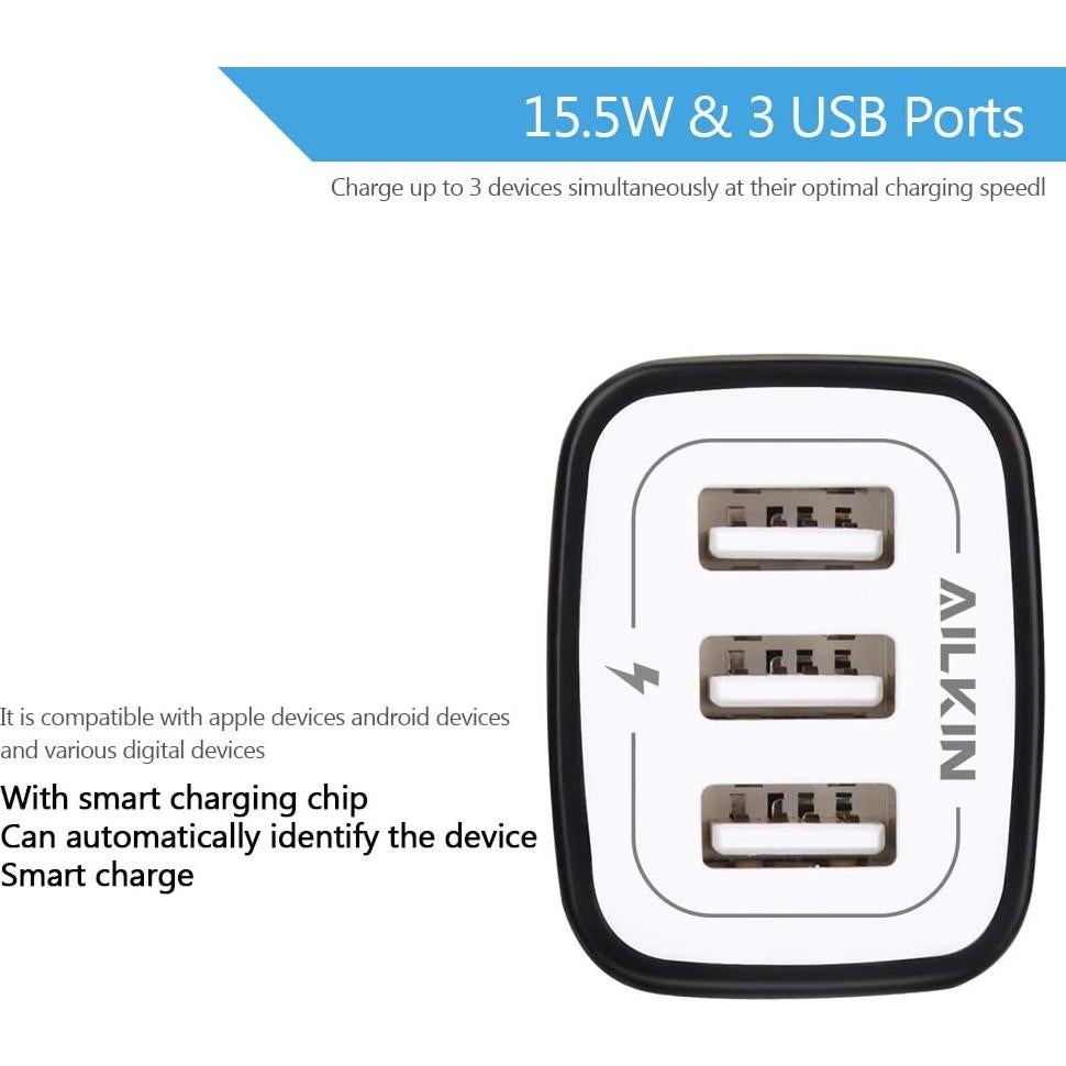 Cargador de Pared AILKIN 3USB 3.1A Rápido para iPhone y Samsung