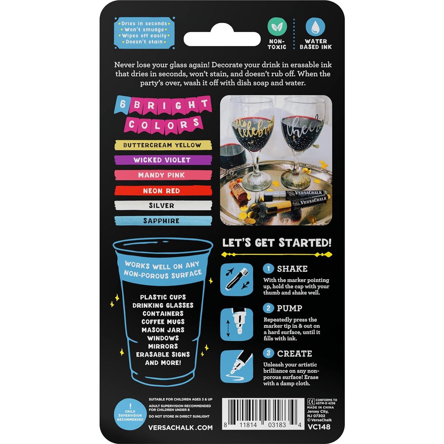 Marcadores de Vino VersaChalk, Set de 6 Colores 3mm Punta Fina