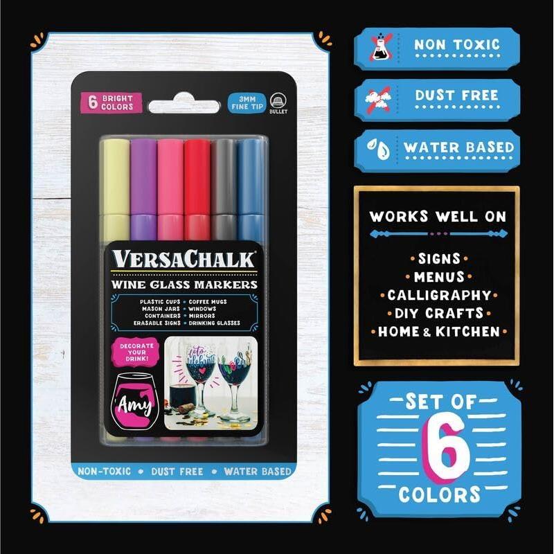 Marcadores de Vino VersaChalk, Set de 6 Colores 3mm Punta Fina