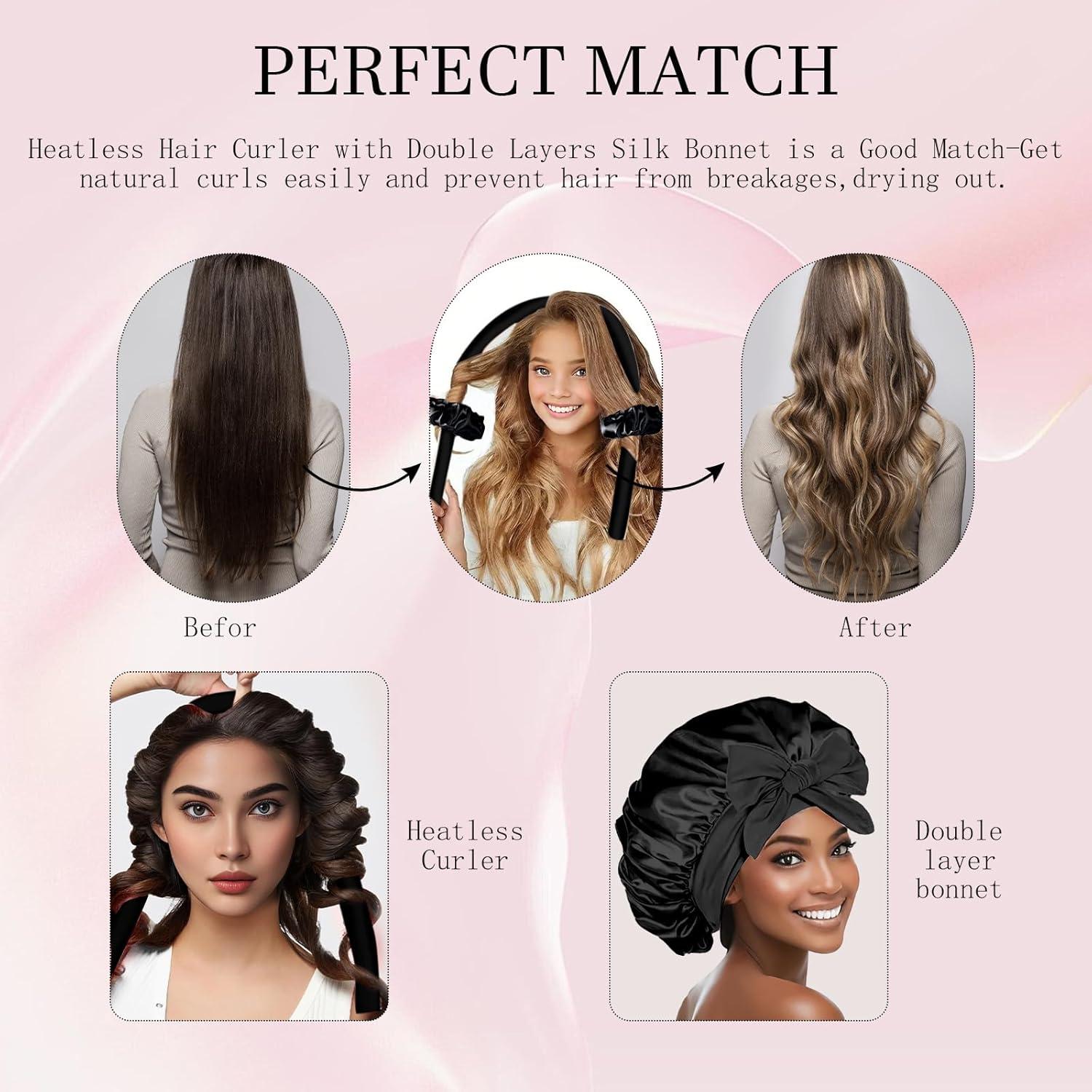 Juego de Rizos Sin Calor Hroevc con Bonete de Satén Negro