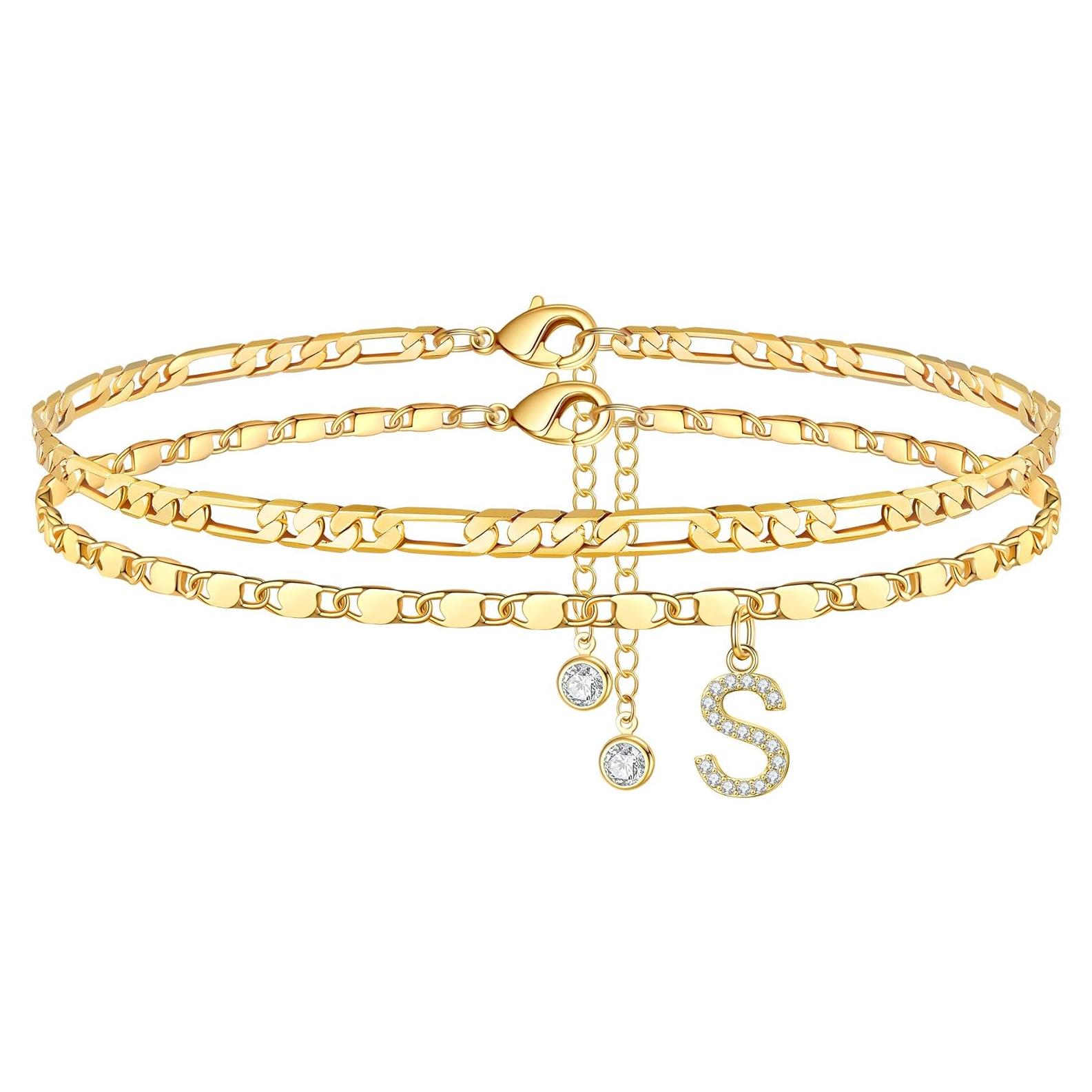 Pulsera de Tobillo Ursteel Oro 14K con Iniciales CZ Ajustable