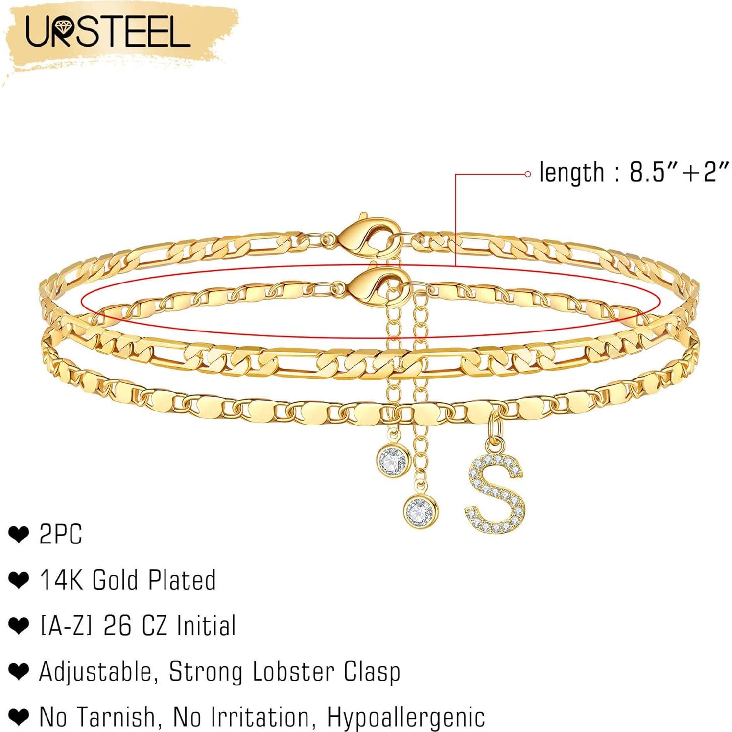 Pulsera de Tobillo Ursteel Oro 14K con Iniciales CZ Ajustable