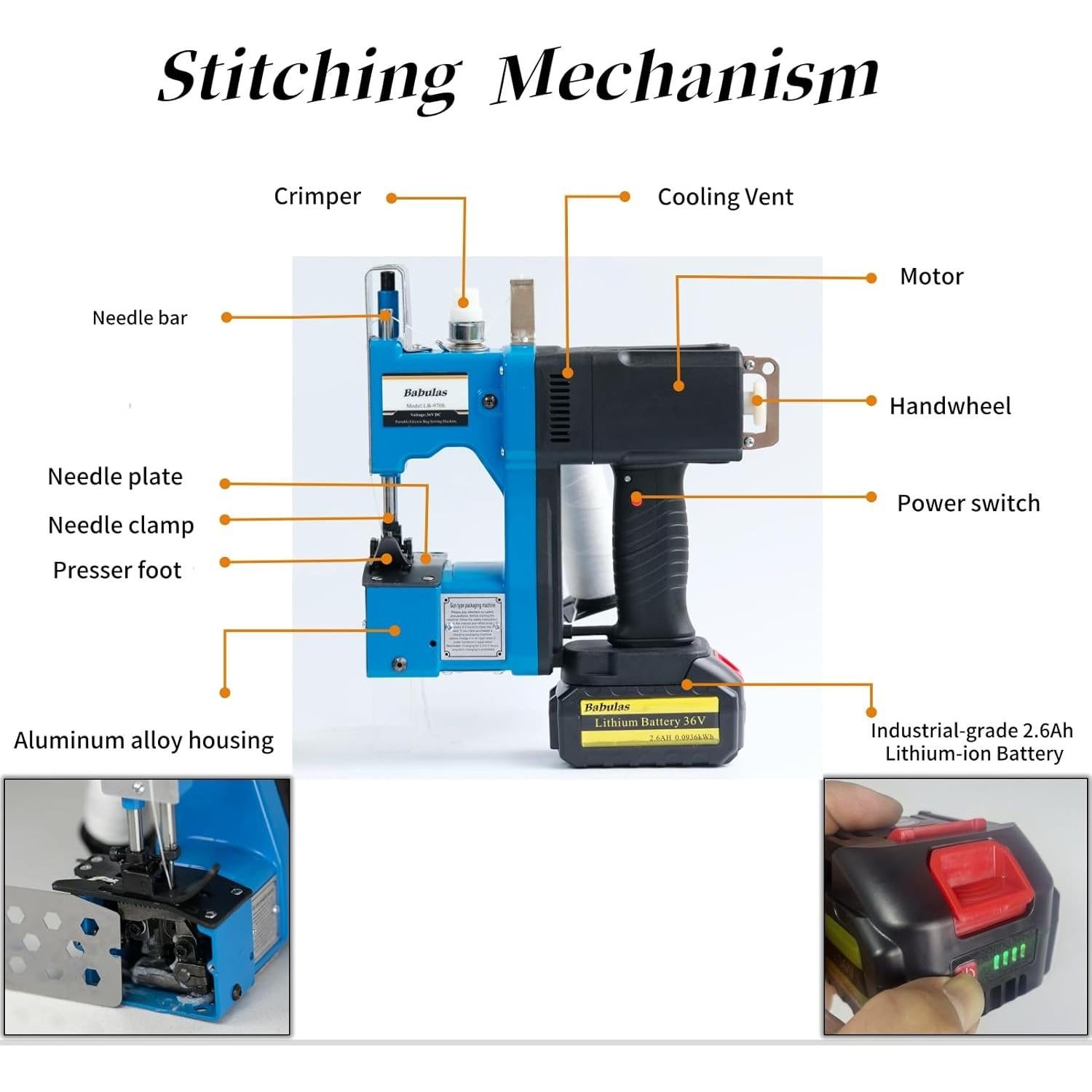 Máquina de Coser de Bolsas Inalámbrica GS-970A 36V CC Azul