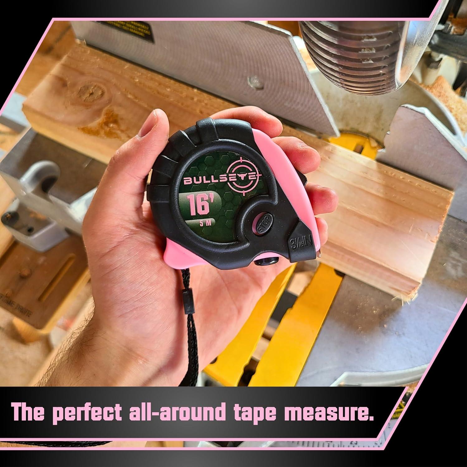Cinta Métrica Bullseye 4.88m Rosa Retráctil con Bloqueo