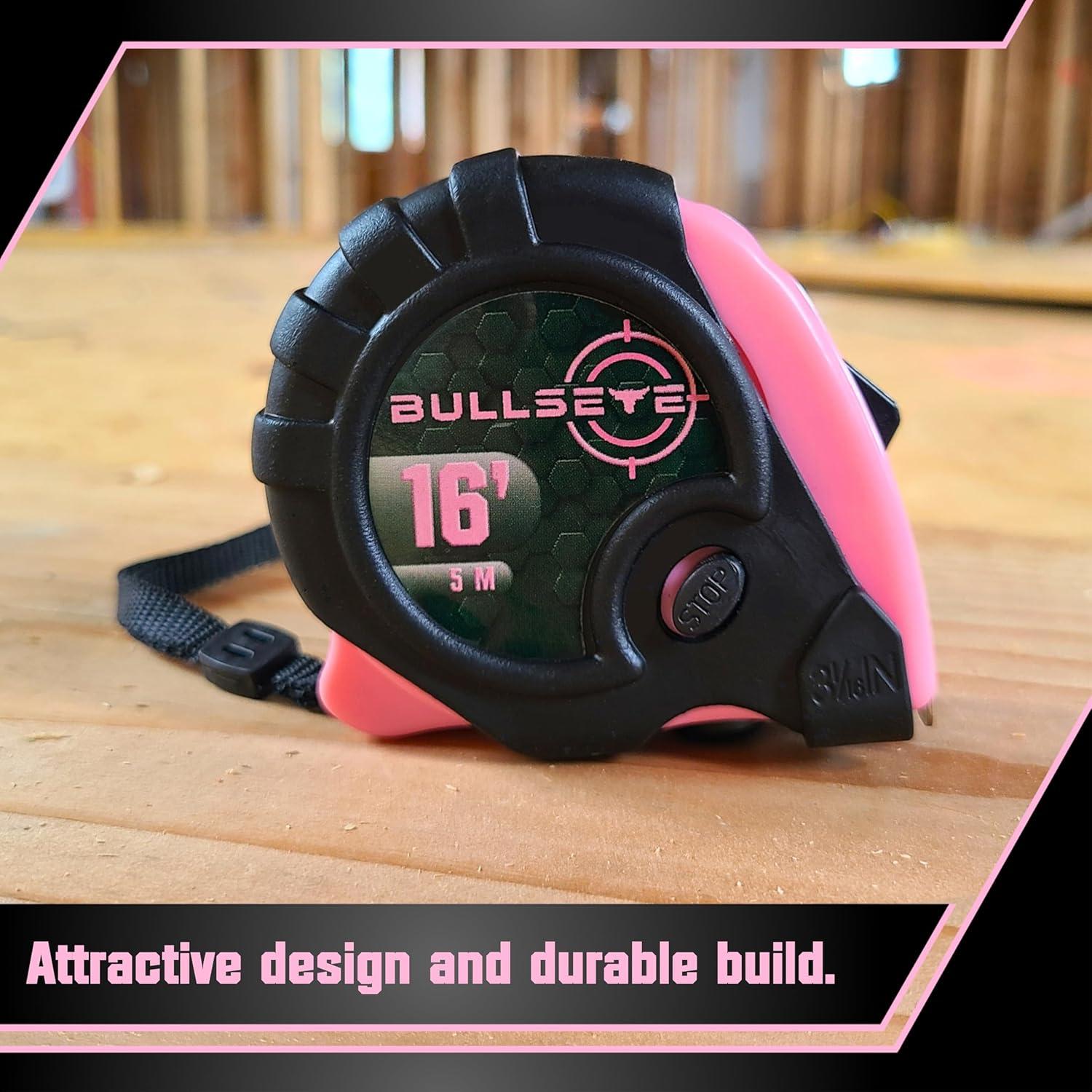 Cinta Métrica Bullseye 4.88m Rosa Retráctil con Bloqueo