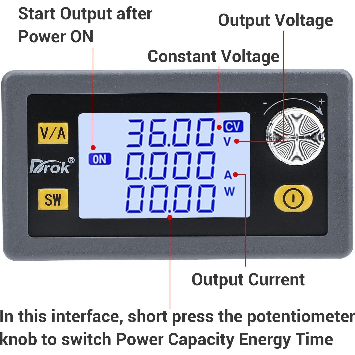 Convertidor Buck Boost DROK 80W DC 6-36V a 0.6-36V LCD