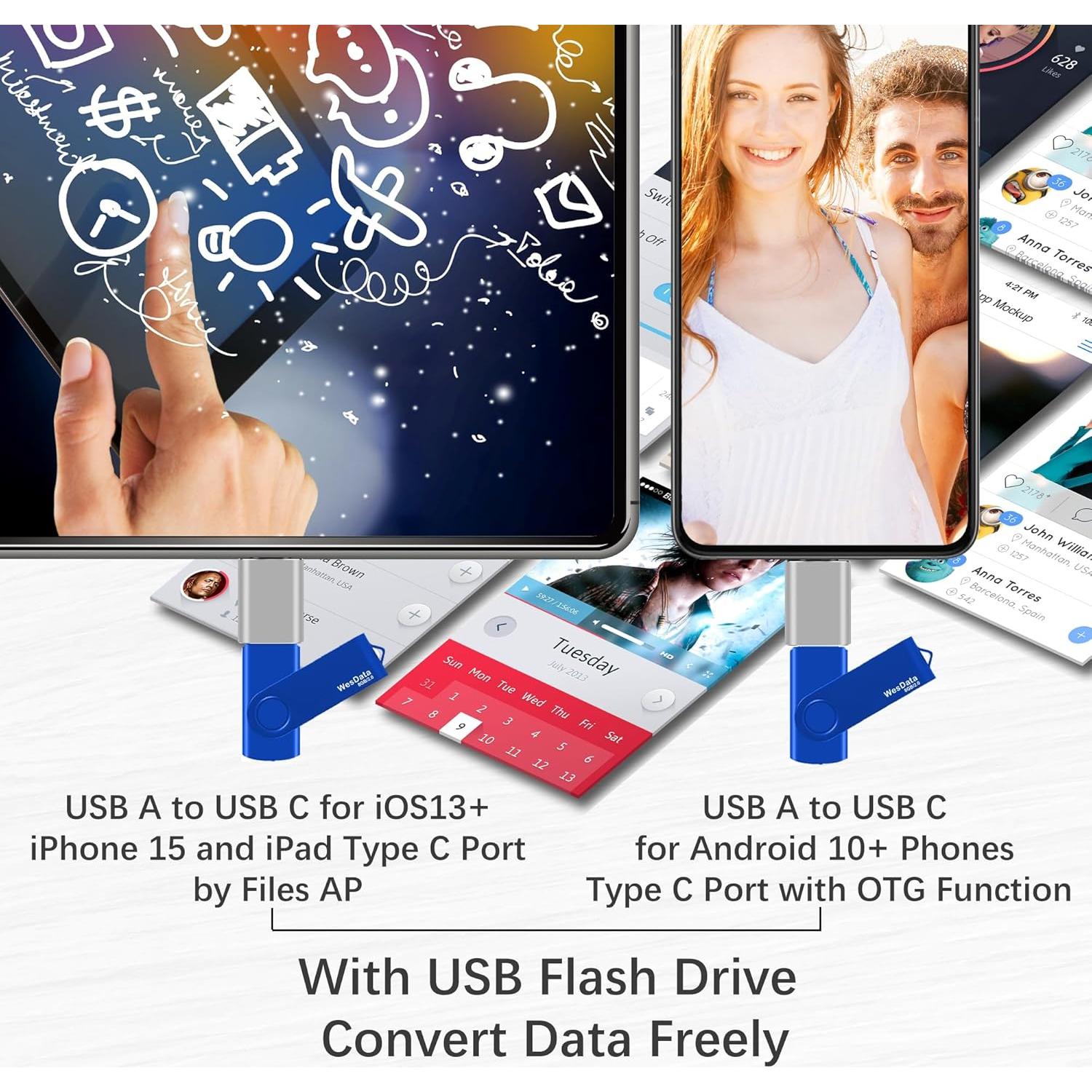 Unidad Flash USB 2.0 8GB WesData con Adaptador USB C Azul