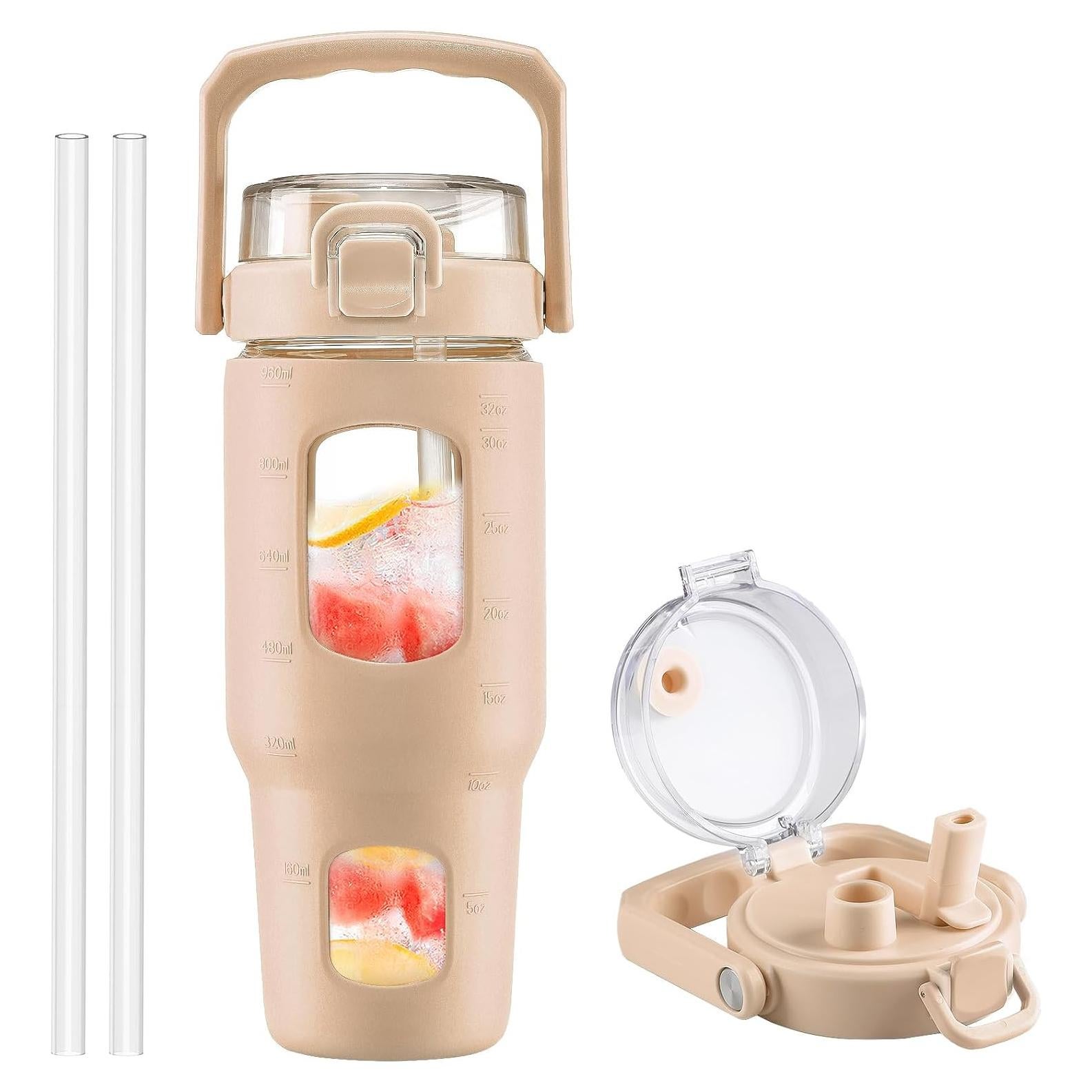 Botella de Agua de Vidrio Bluego 0.95L con Asa y Popote