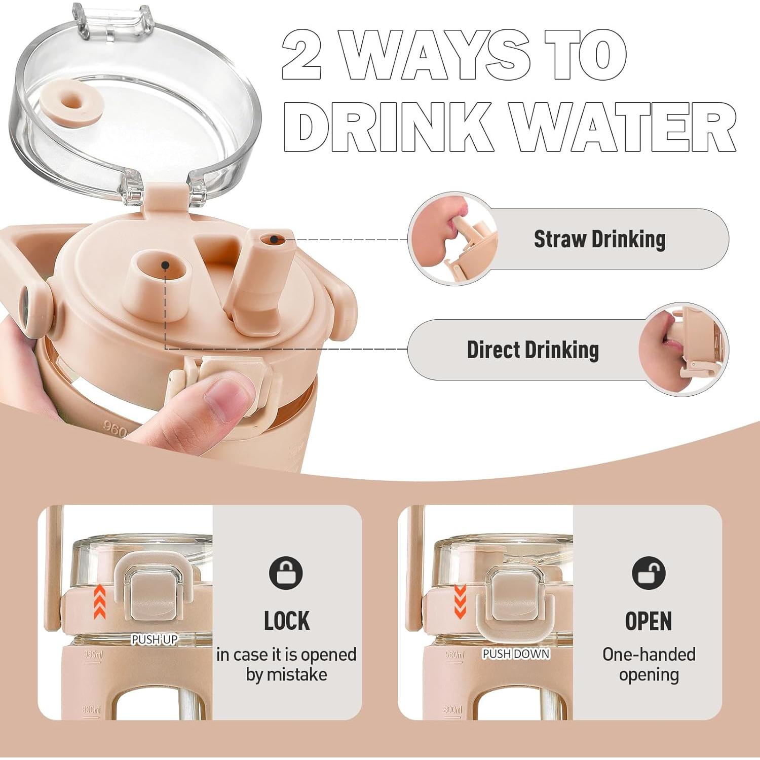 Botella de Agua de Vidrio Bluego 0.95L con Asa y Popote