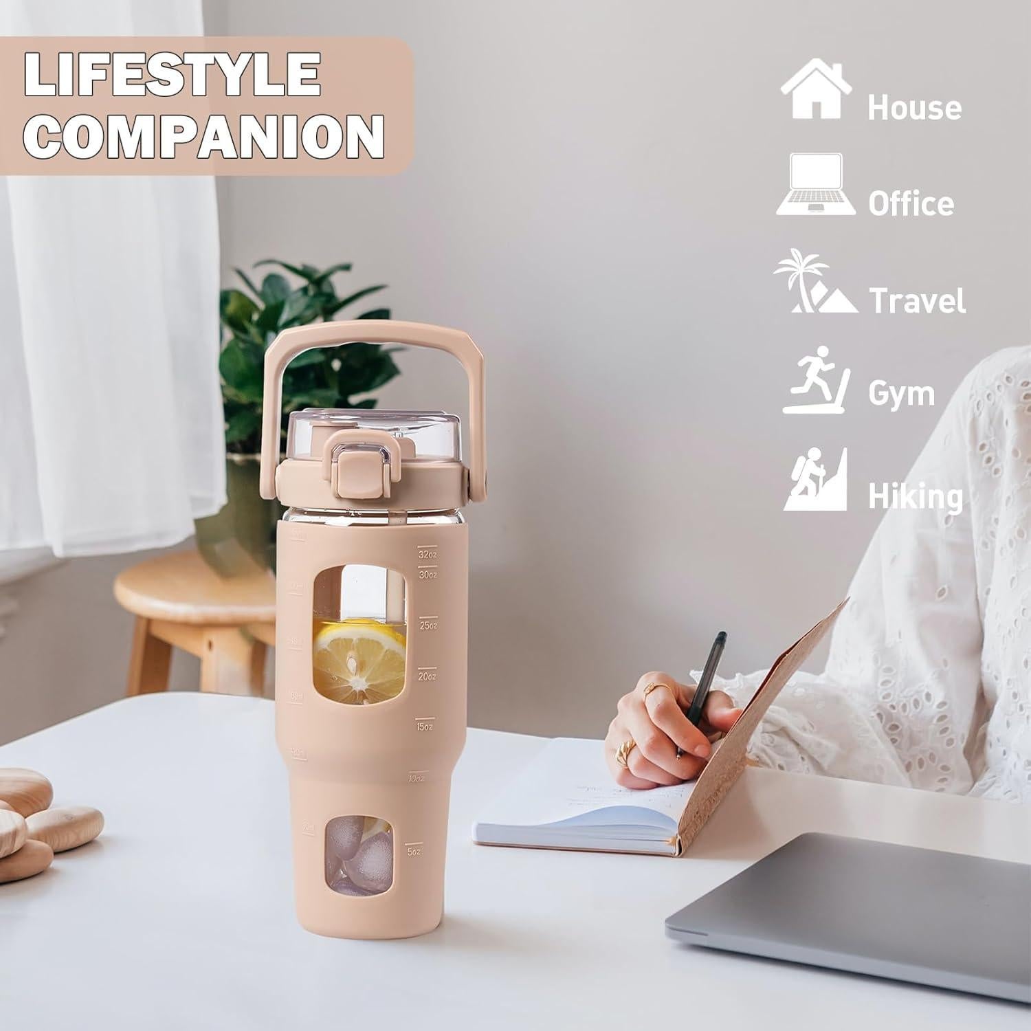 Botella de Agua de Vidrio Bluego 0.95L con Asa y Popote