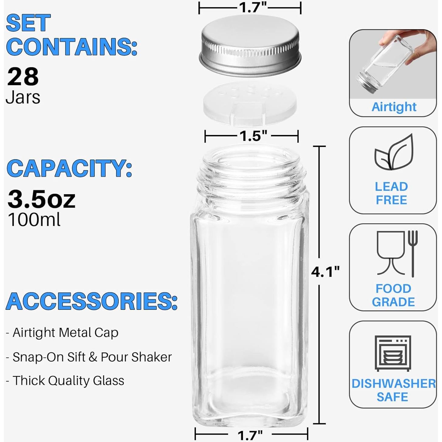 Juego de 28 Tarros de Especias de Vidrio Antimbee 3.5 oz