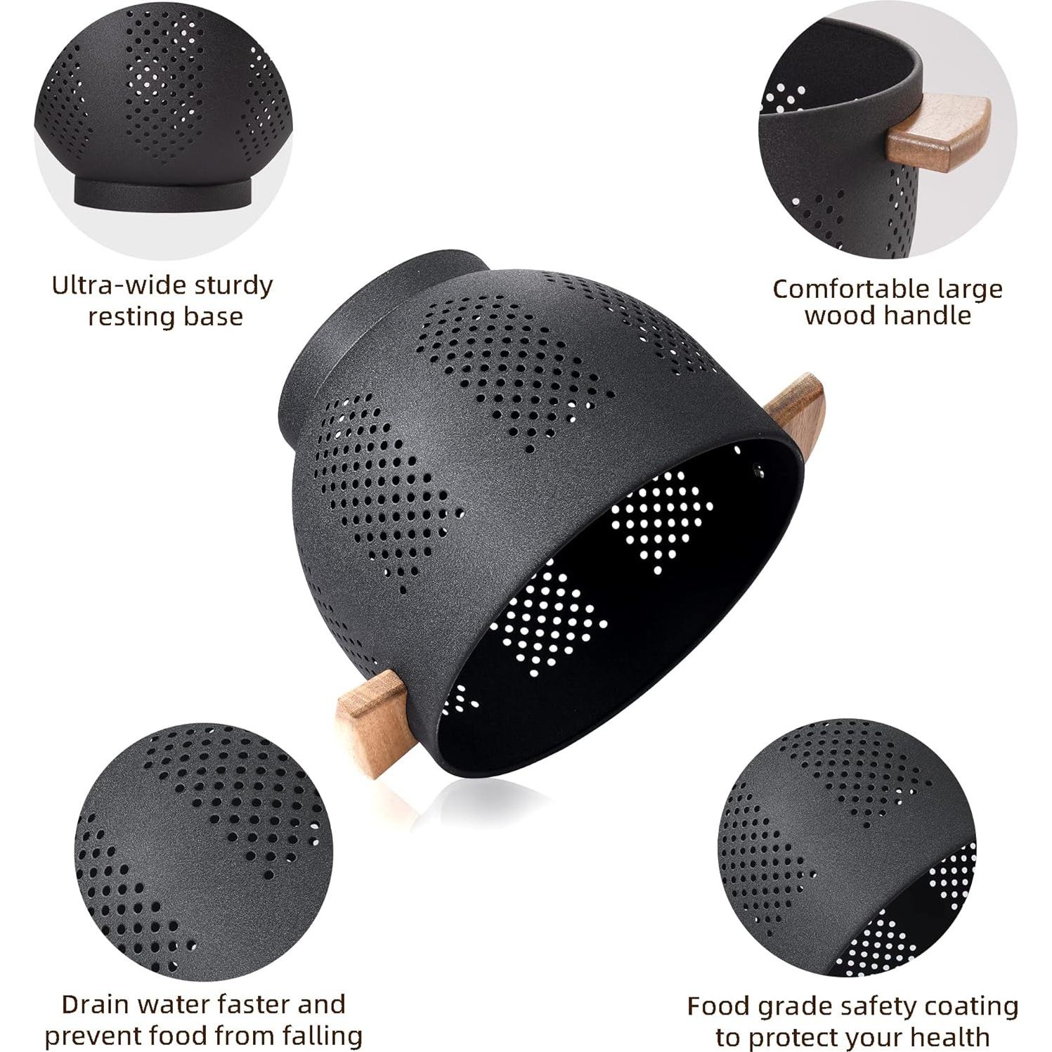 Colador de Metal BeFare 3 Cuartos con Mango de Madera Negro Mate