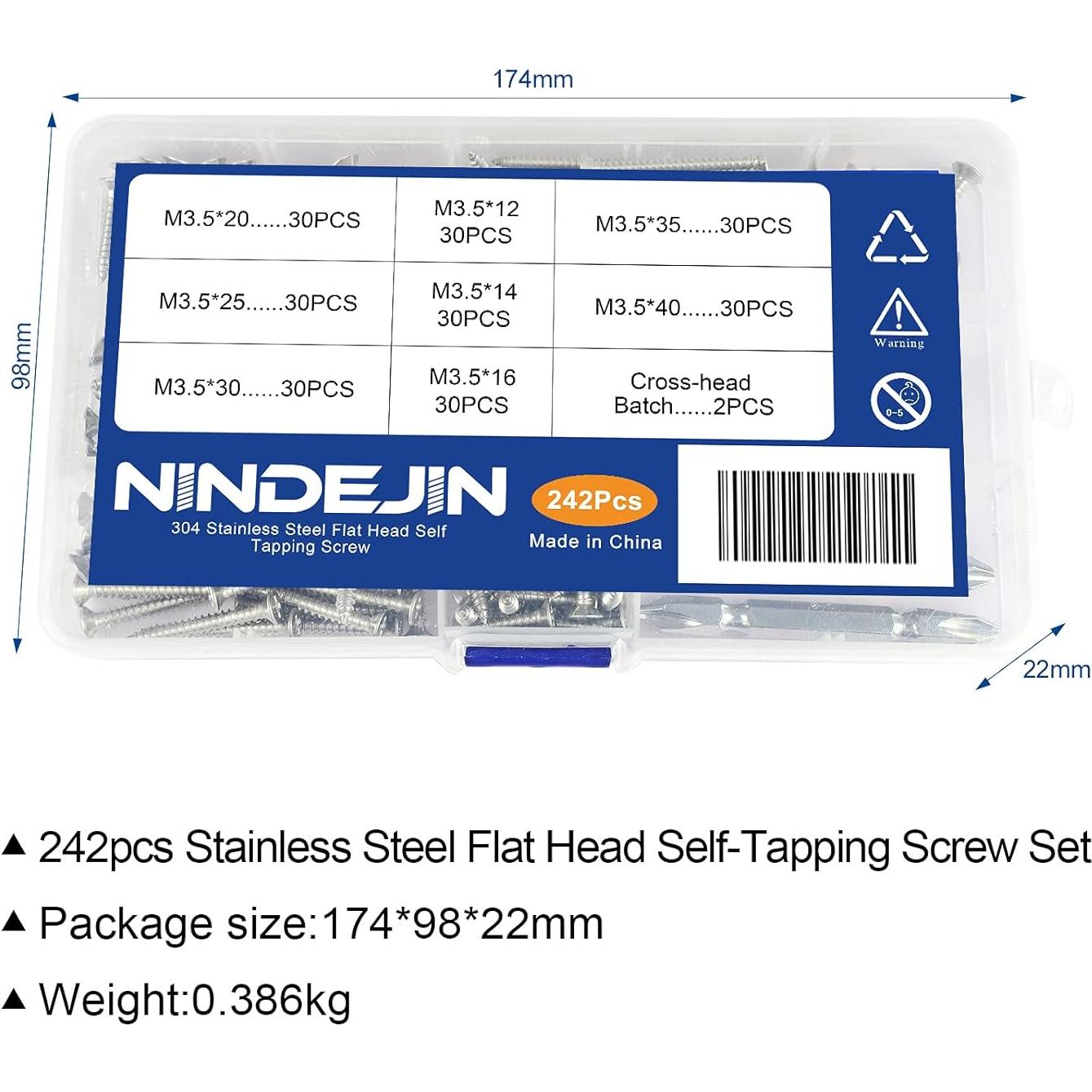 Kit de Tornillos Autorroscantes NINDEJIN M3.5 - 240 Pcs