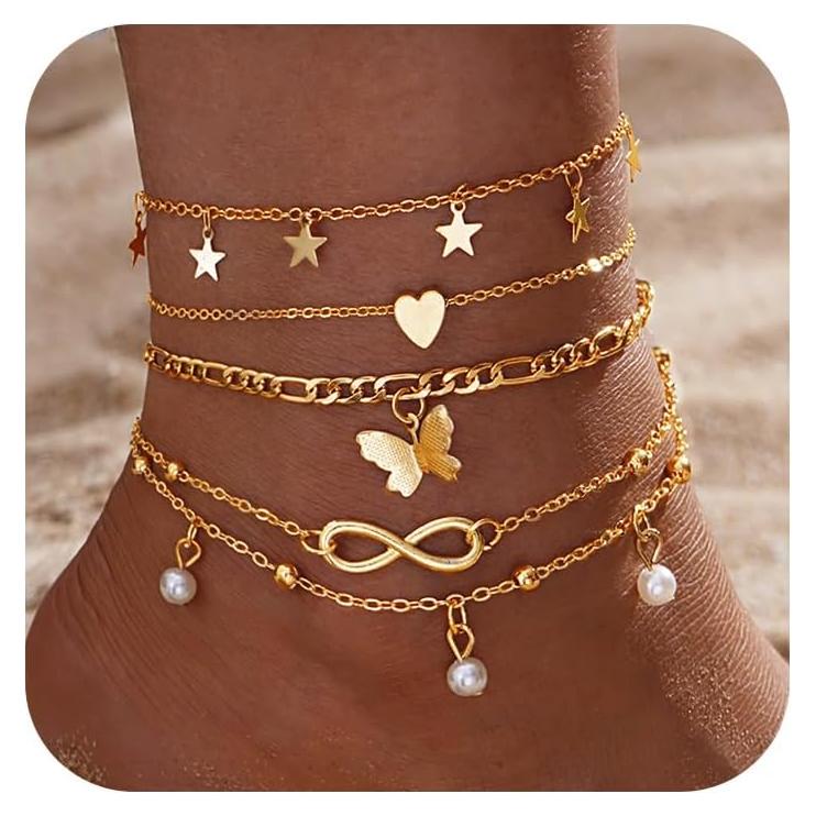 Conjunto de Pulseras de Tobillo Fesciory Oro 14K Ajustable 21-23cm
