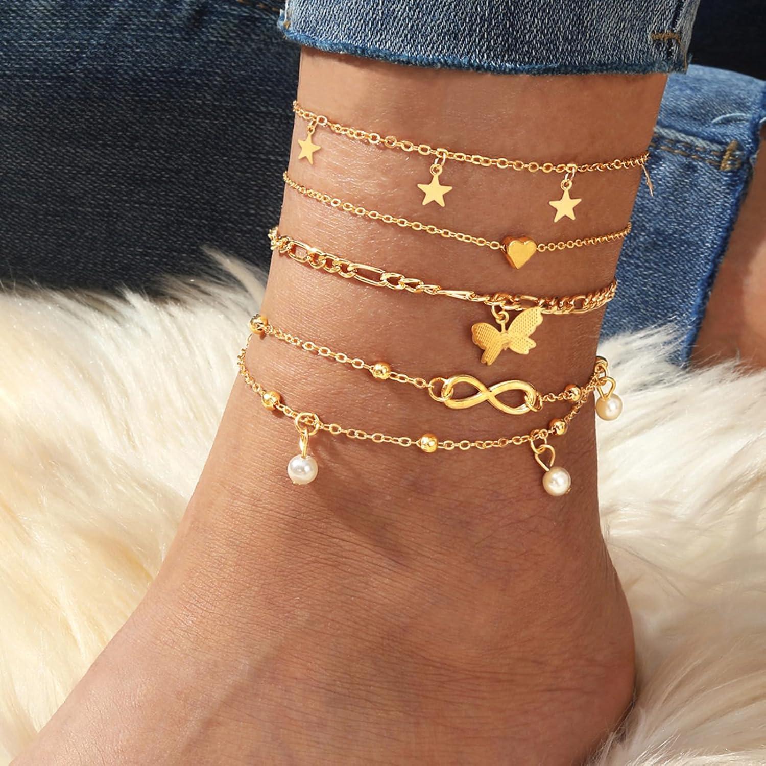 Conjunto de Pulseras de Tobillo Fesciory Oro 14K Ajustable 21-23cm