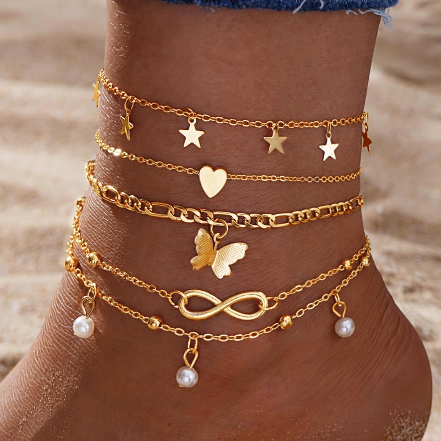 Conjunto de Pulseras de Tobillo Fesciory Oro 14K Ajustable 21-23cm