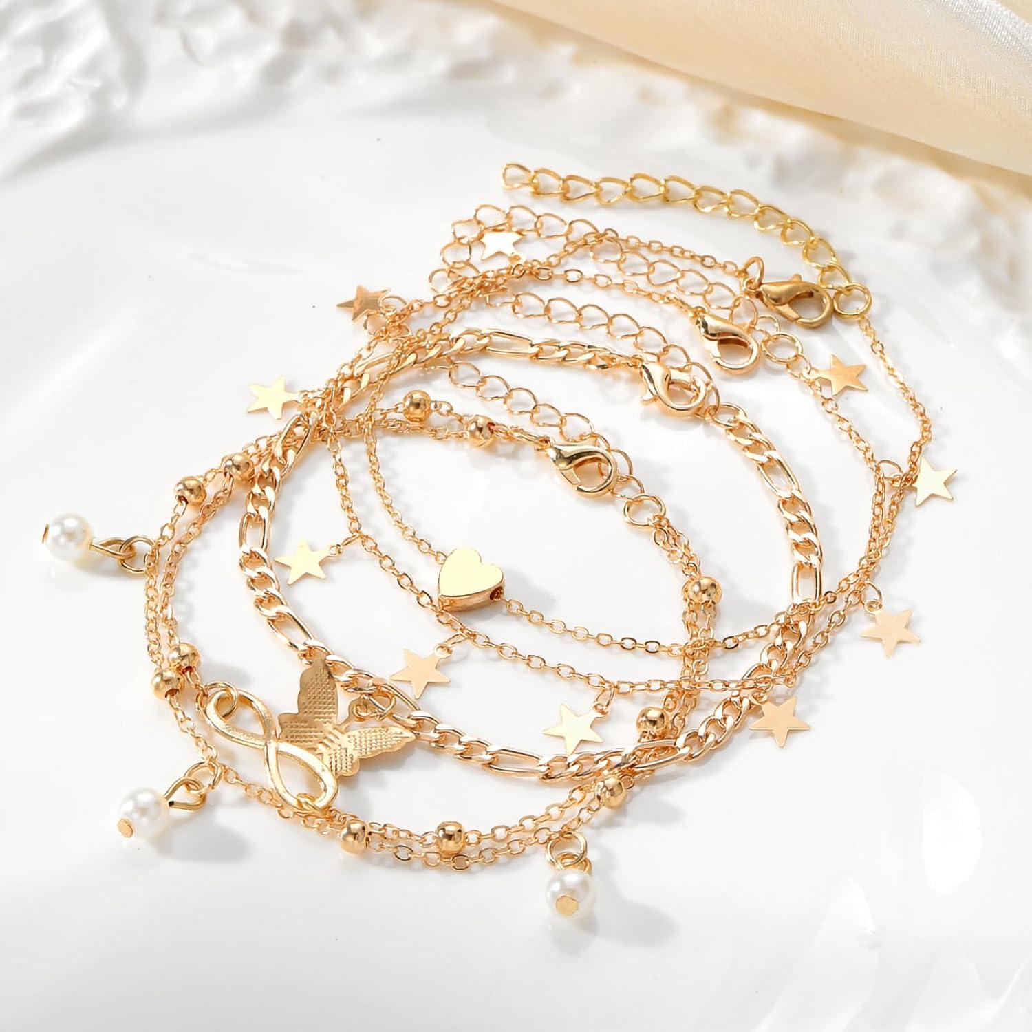 Conjunto de Pulseras de Tobillo Fesciory Oro 14K Ajustable 21-23cm