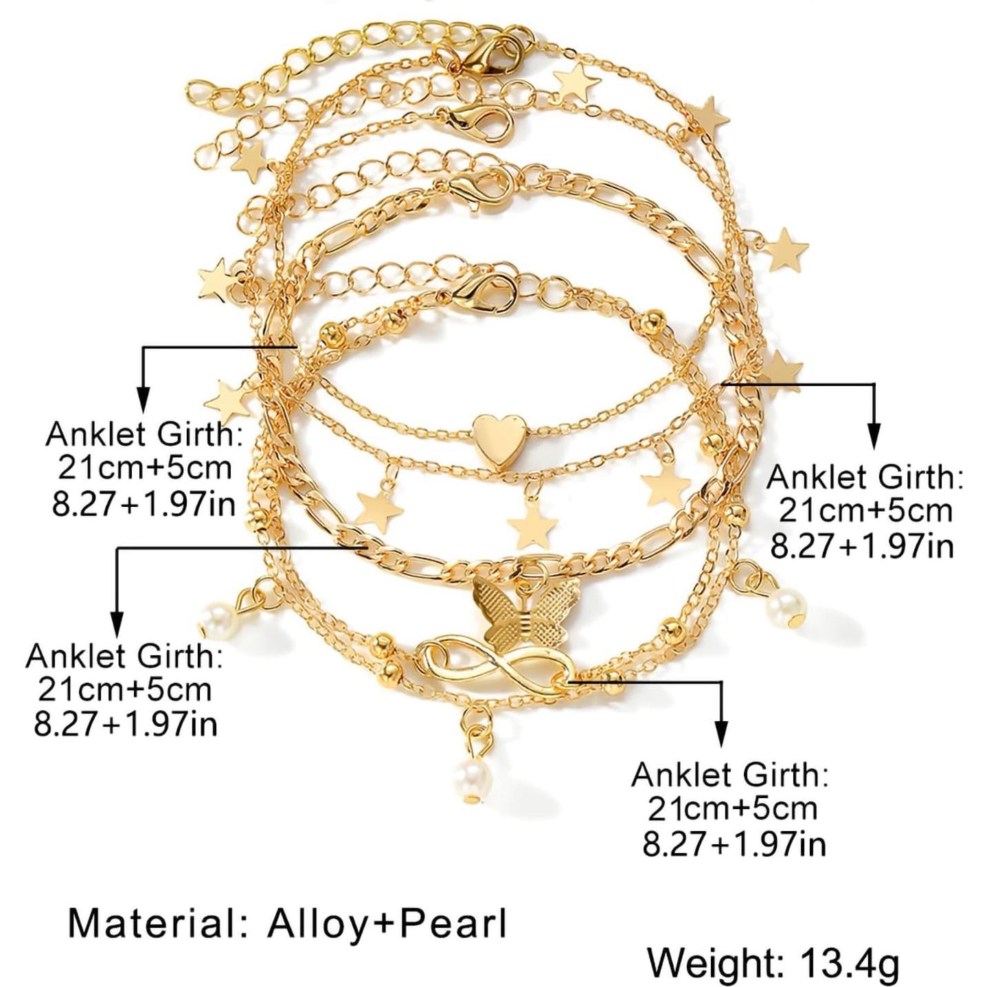 Conjunto de Pulseras de Tobillo Fesciory Oro 14K Ajustable 21-23cm