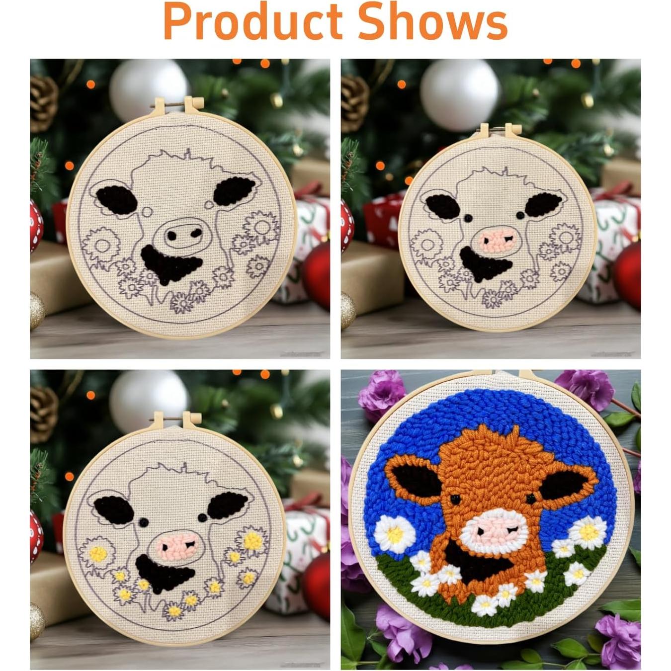 Kit de Aguja de Punch DIY Genérico 20x20cm Vaca y Flor