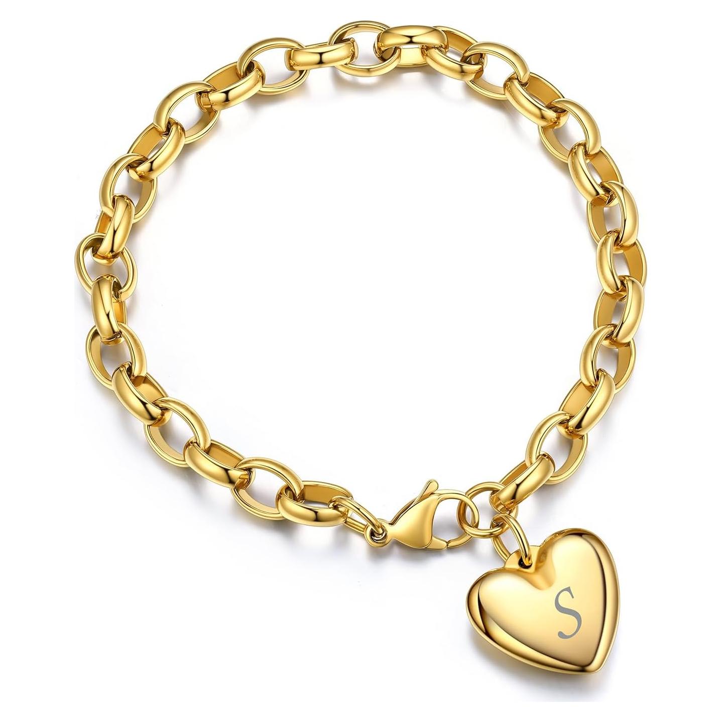 Pulsera ajustable GoldChic con encanto corazón inicial S