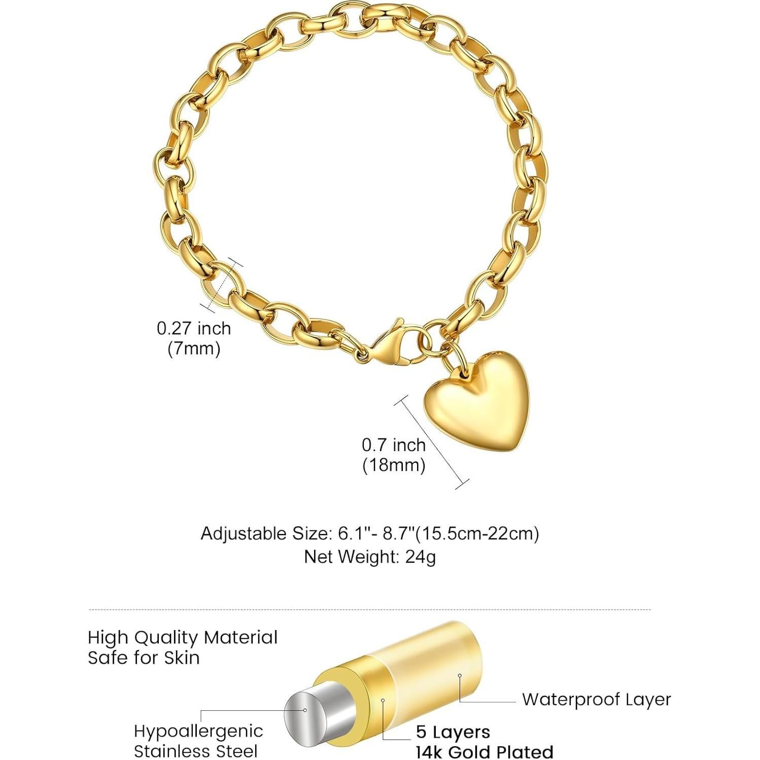 Pulsera ajustable GoldChic con encanto corazón inicial S