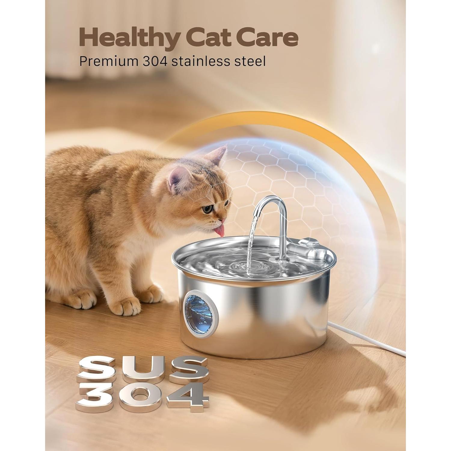 Fuente de Agua para Gatos ATMZIQXR 2.6L Acero Inoxidable Silenciosa