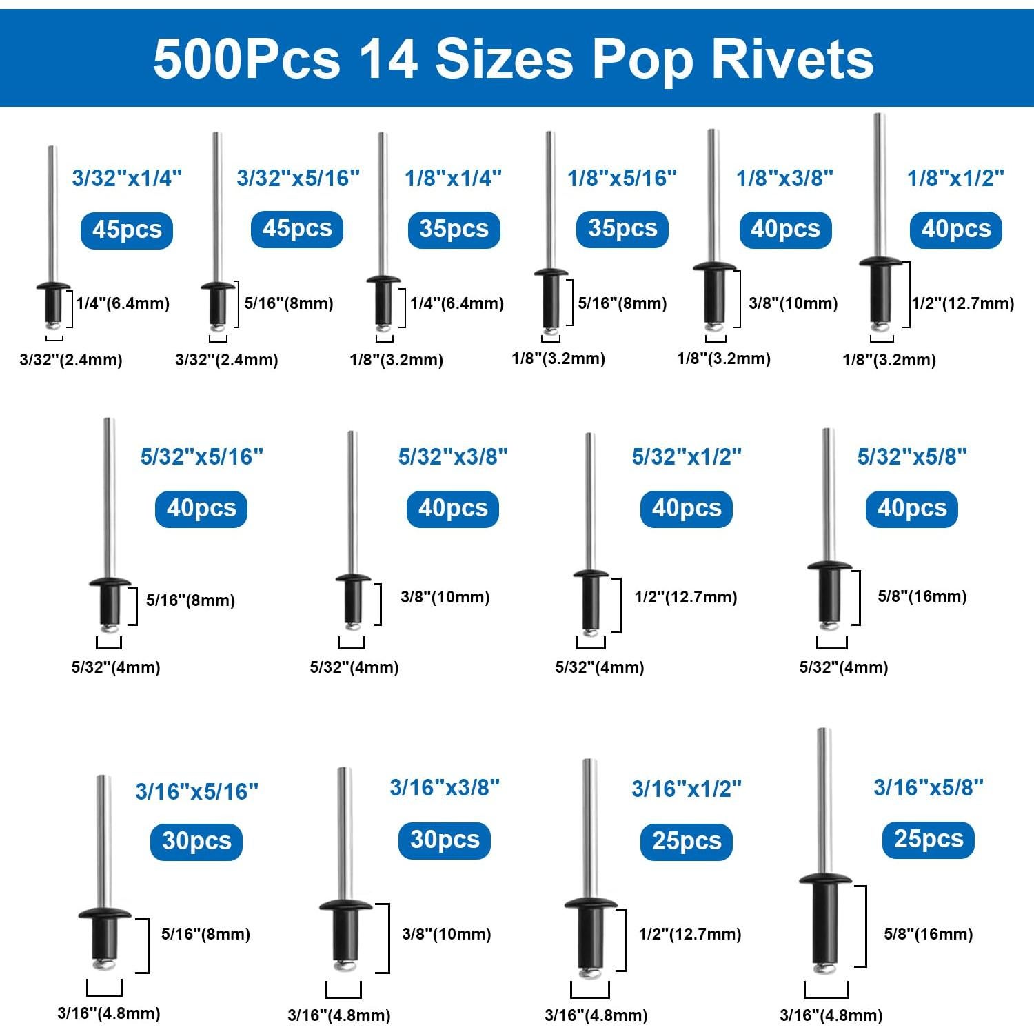 Kit de Remaches Pop Negros smseace 780 Pcs Aluminio y Arandelas