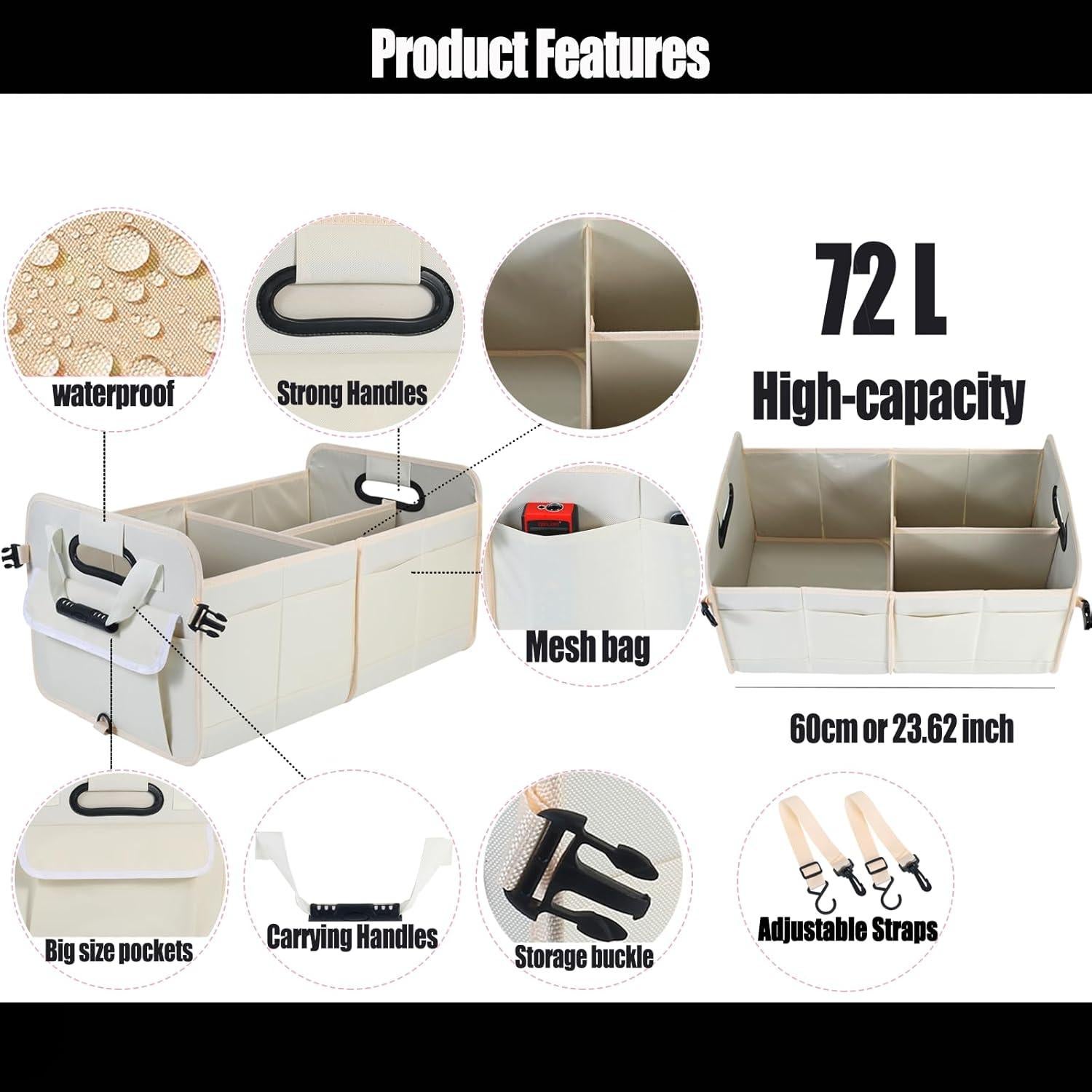 Organizador de Maletero Plegable Zhiyanz 72L Beige Impermeable