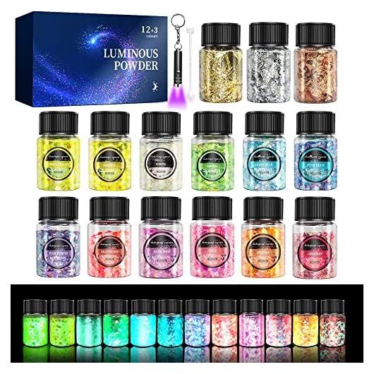 Brillo en la Oscuridad OSBANG - 15 Tarros de 12 Colores y 3 Copos de Oro