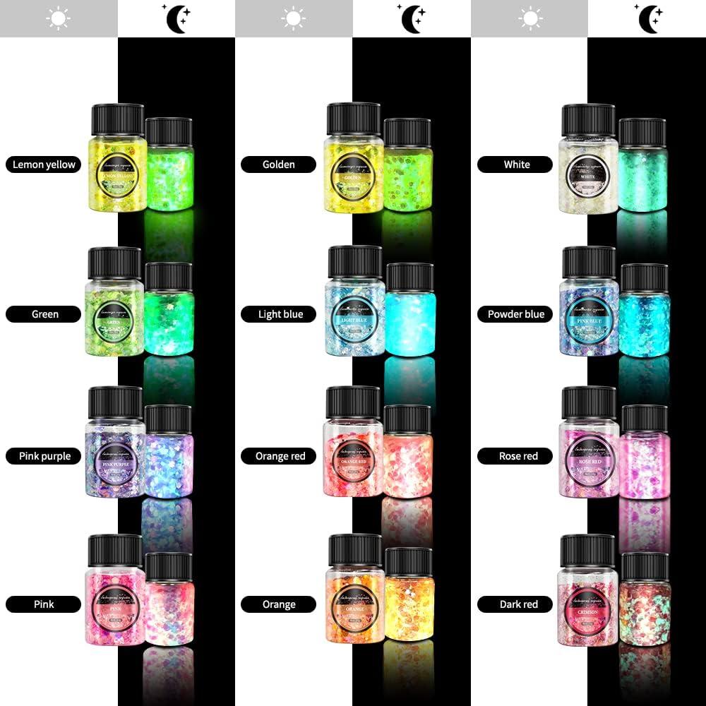 Brillo en la Oscuridad OSBANG - 15 Tarros de 12 Colores y 3 Copos de Oro