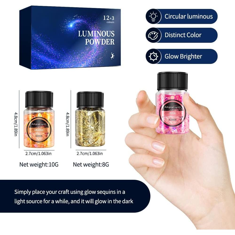 Brillo en la Oscuridad OSBANG - 15 Tarros de 12 Colores y 3 Copos de Oro