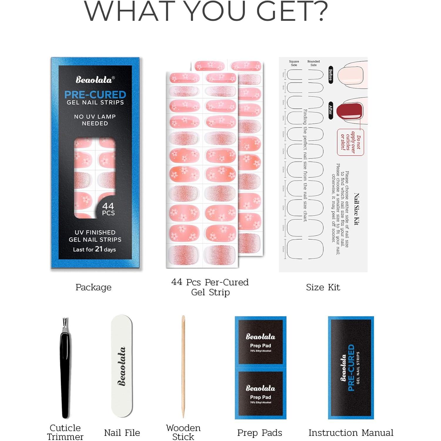 Tiras de Uñas de Gel Precuradas Beaolata - 44PCS Rosa